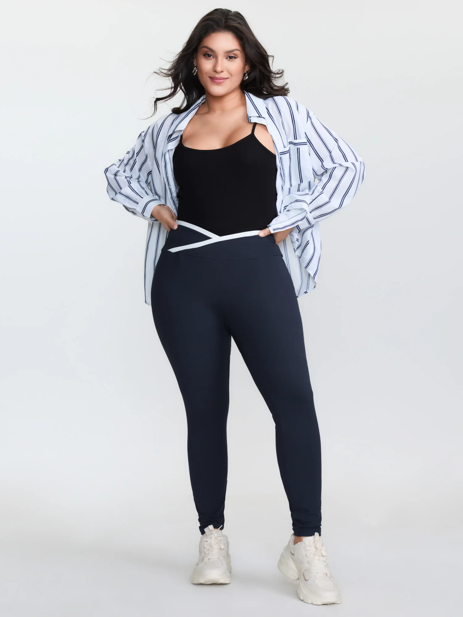 Color Contrast Overlap Waist Leggings - Image 2