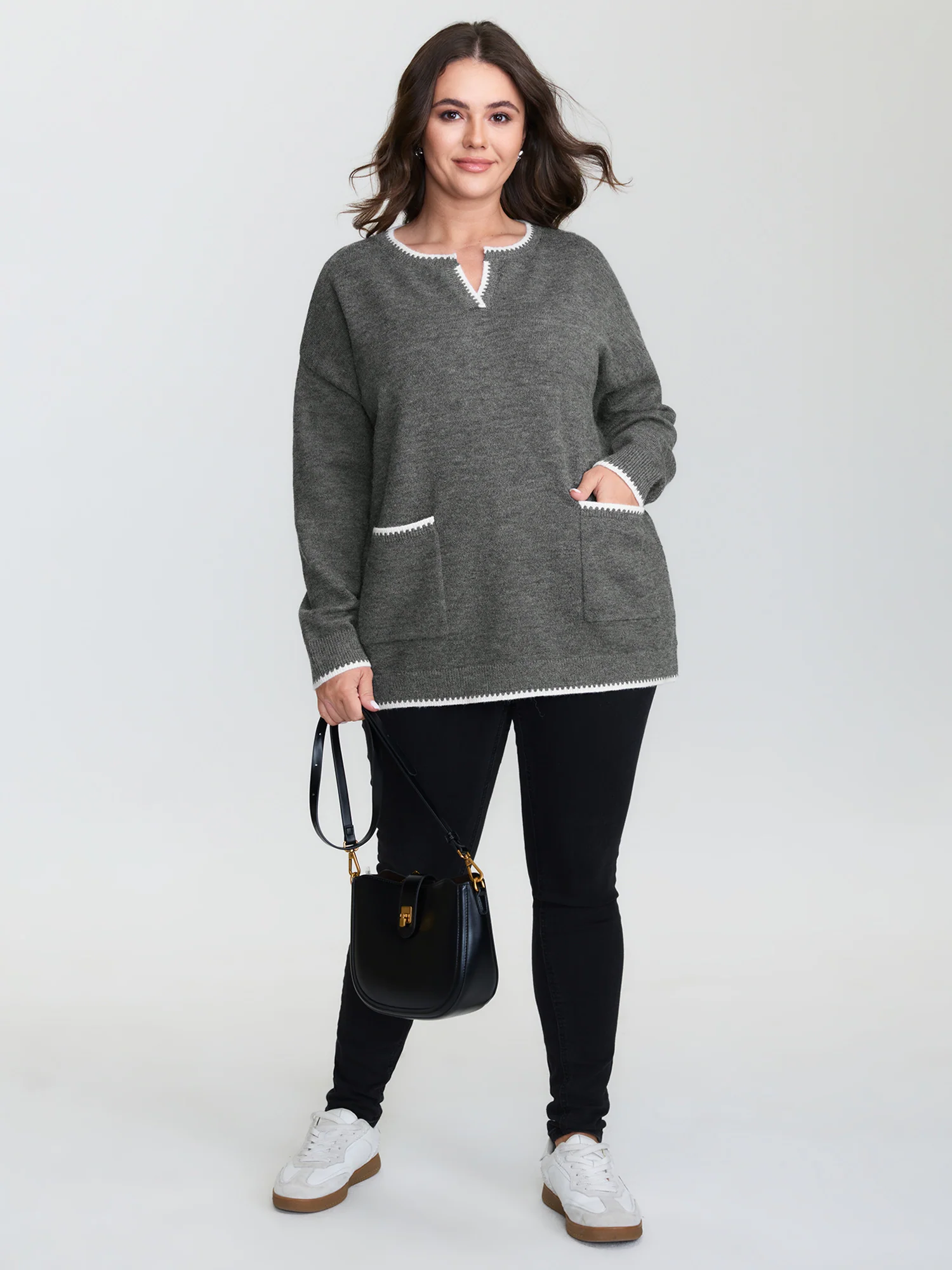 Color Contrast Patch Pockets Split Neckline Pullover - Image 3
