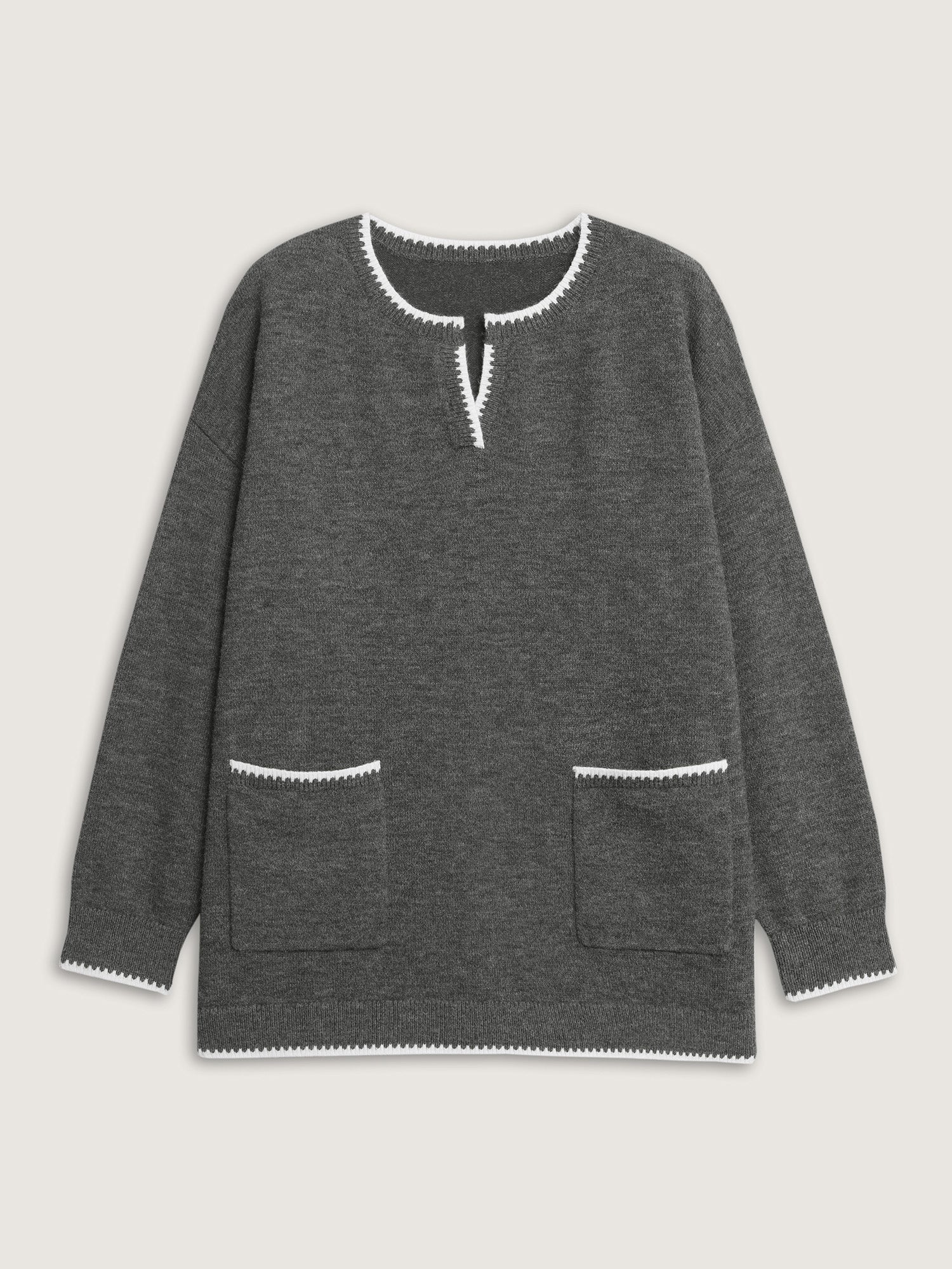 Color Contrast Patch Pockets Split Neckline Pullover - Image 7