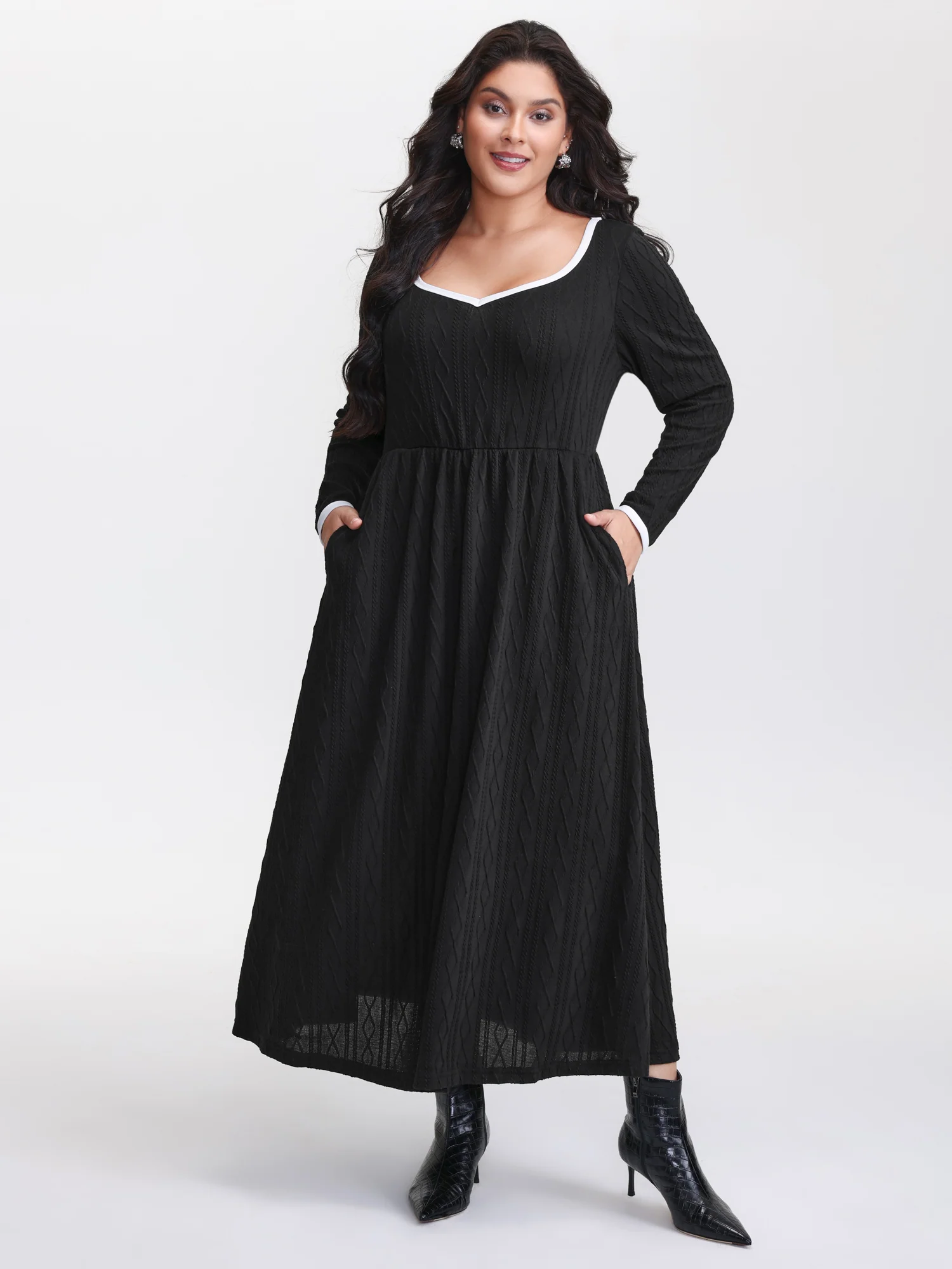 Color Contrast Pockets Knit Maxi Dress - Image 3