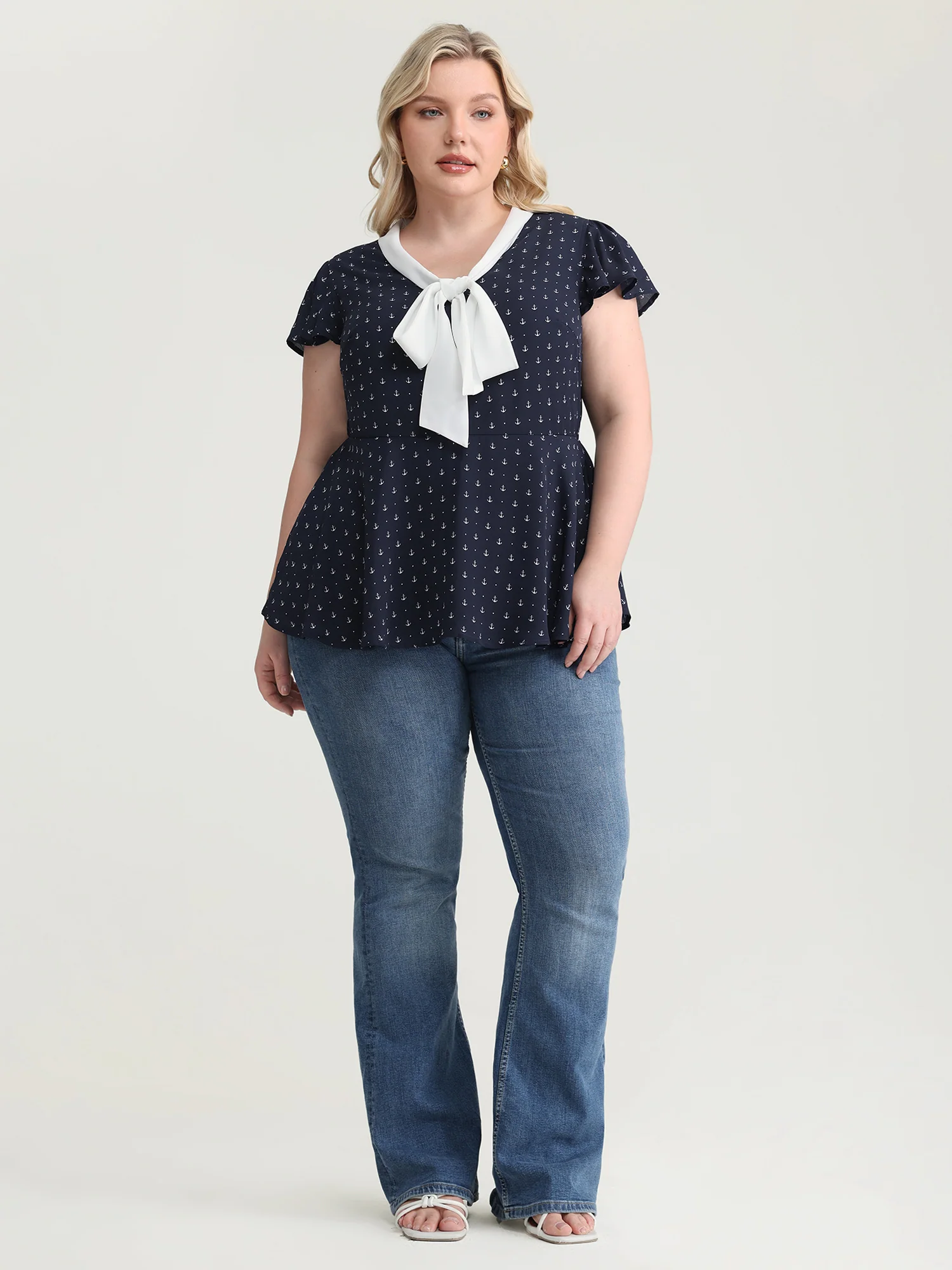 Color Contrast Ribbon Neckline Blouse - Image 3