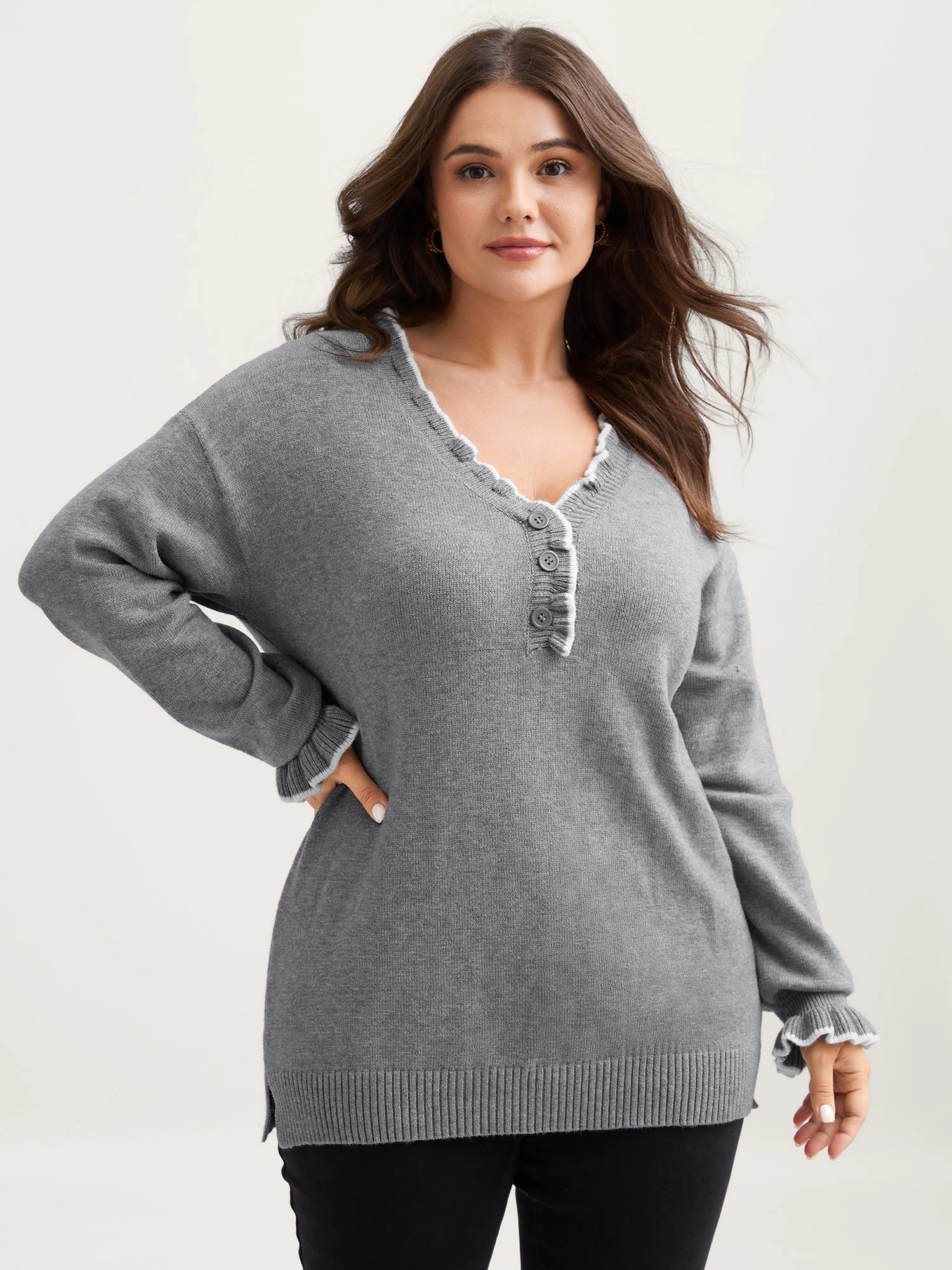 Color Contrast Ruffled Sleeve Pullover - Image 2