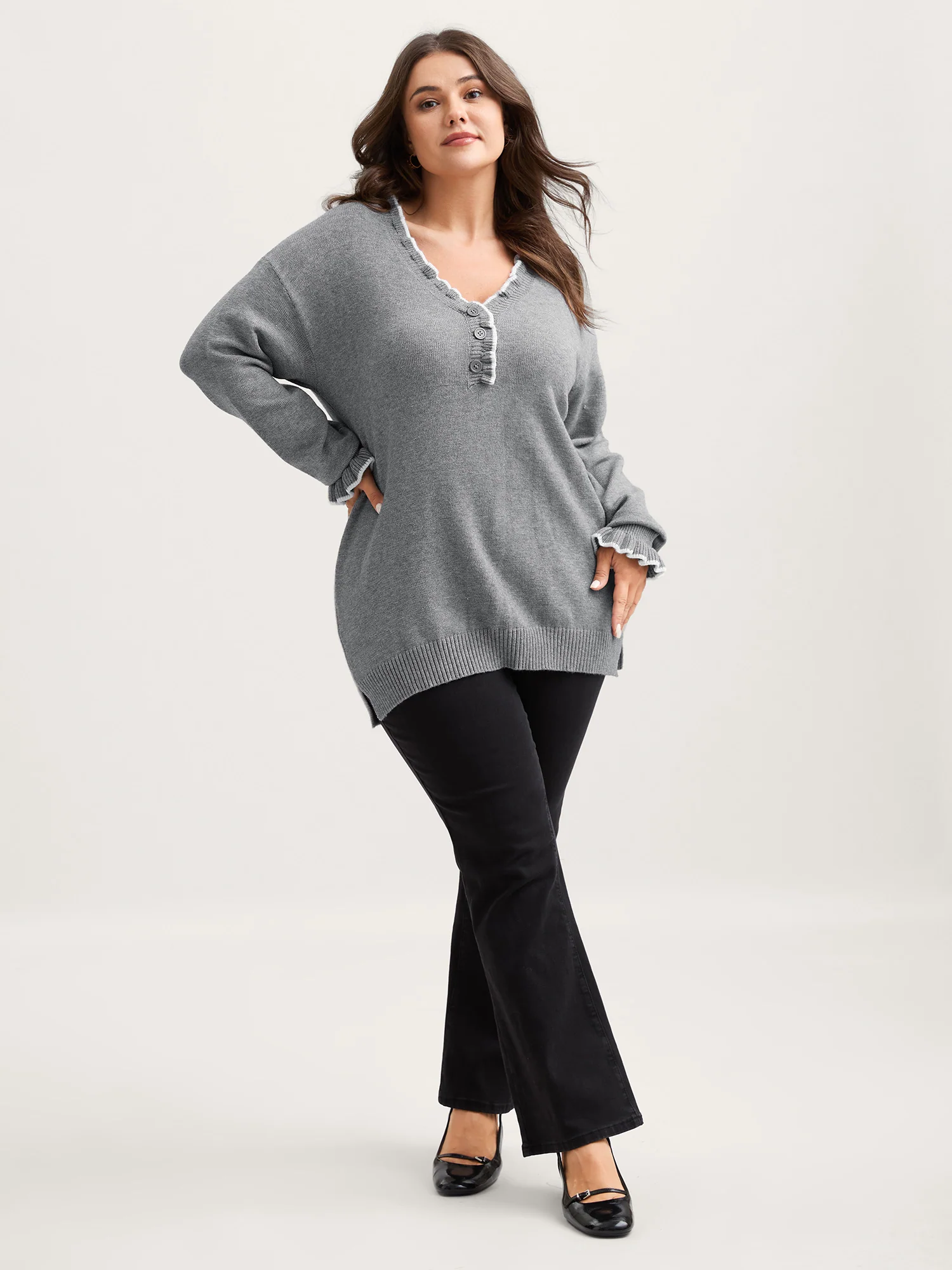 Color Contrast Ruffled Sleeve Pullover - Image 3