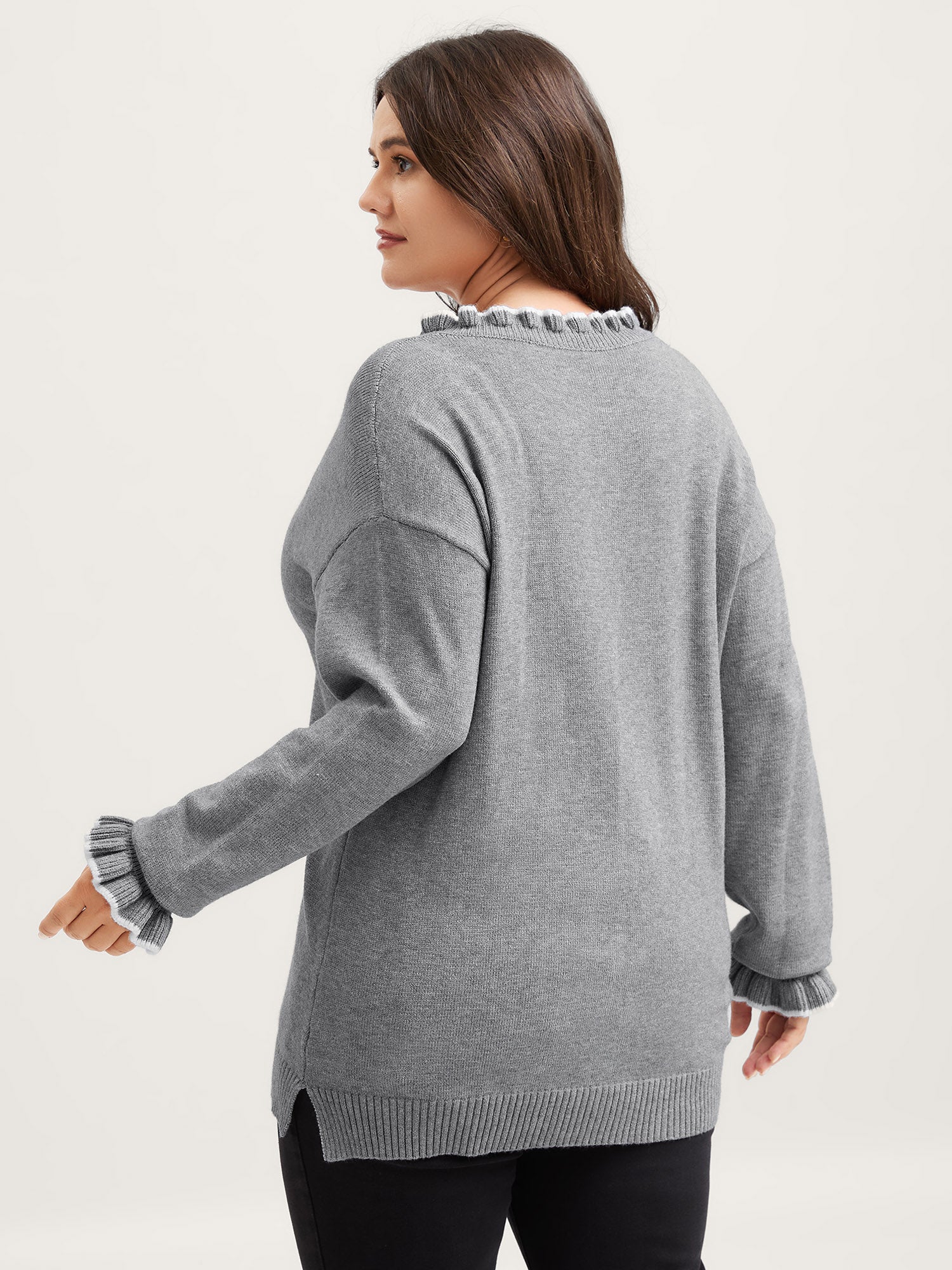 Color Contrast Ruffled Sleeve Pullover - Image 5