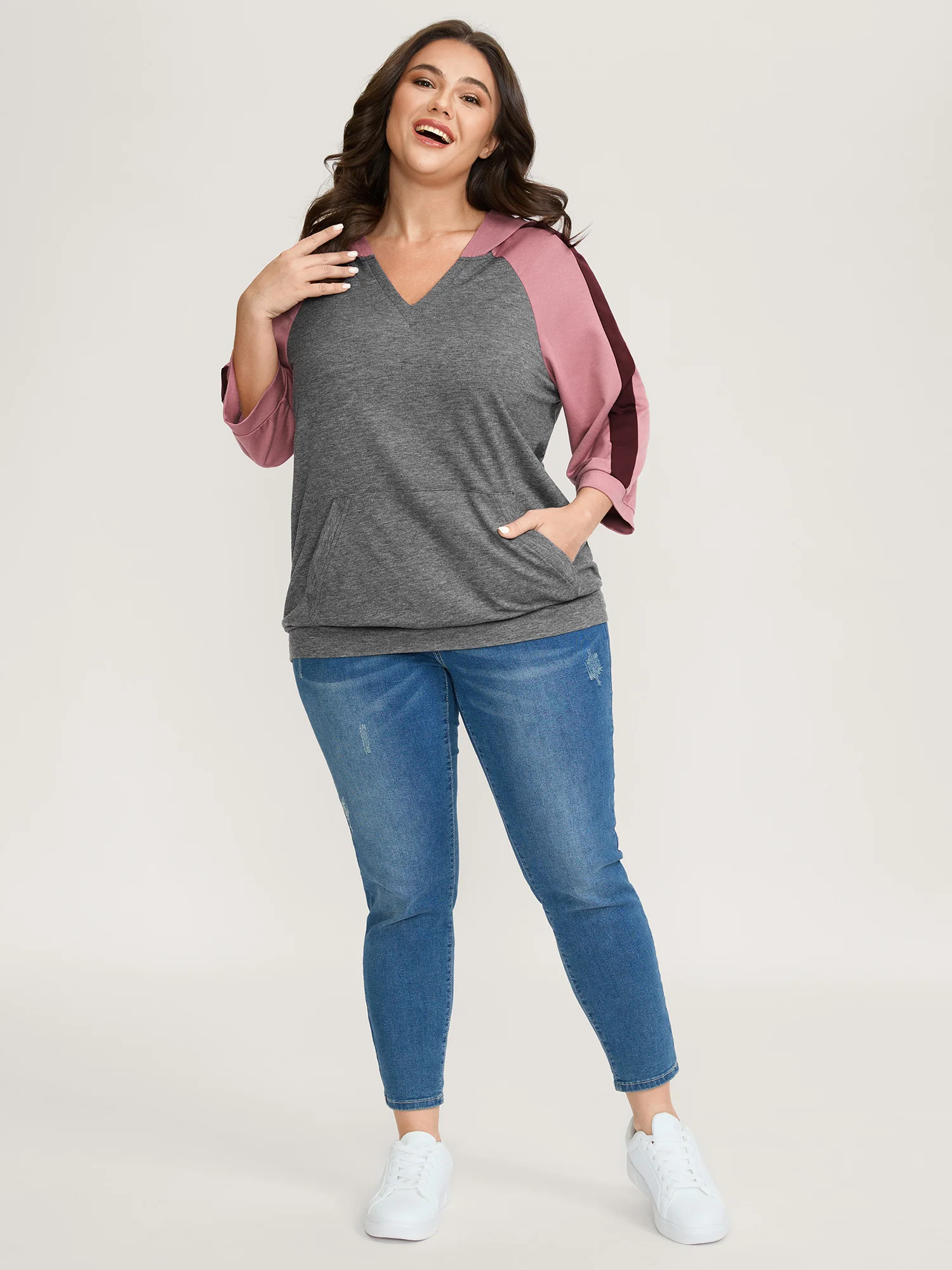 Color Contrast Spliced Stretchy Hem Hoodie - Image 3