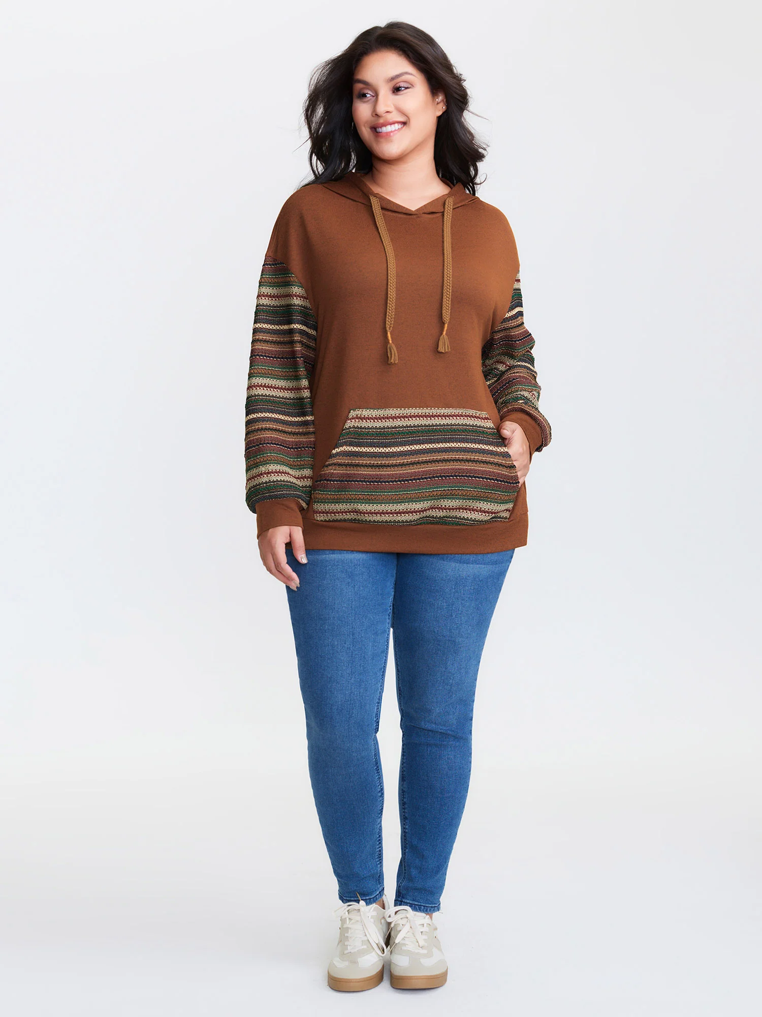 Color Contrast Stripe Textured Hoodie - Image 3