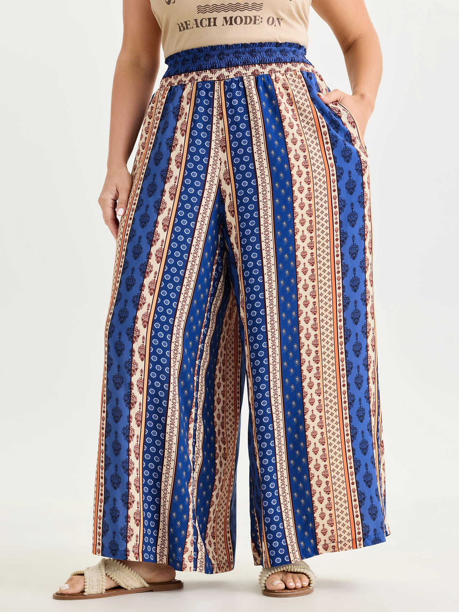 Color Contrast Striped Print Shirred Pants - Image 2
