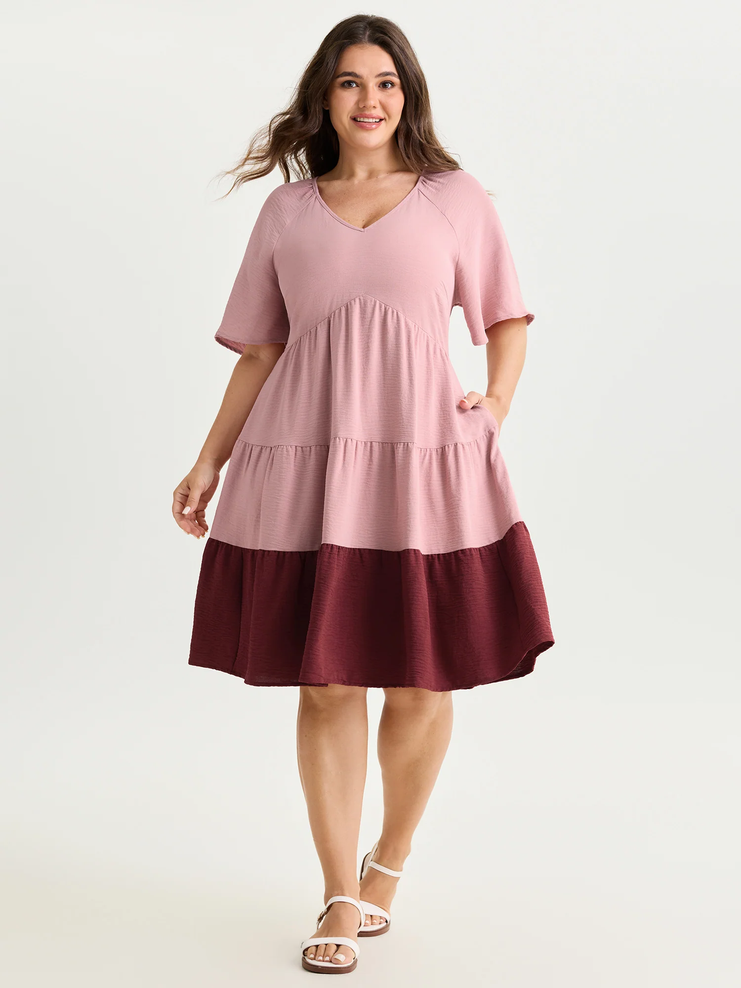 Color Contrast Tiered Flared Sleeve Midi Dress - Image 3