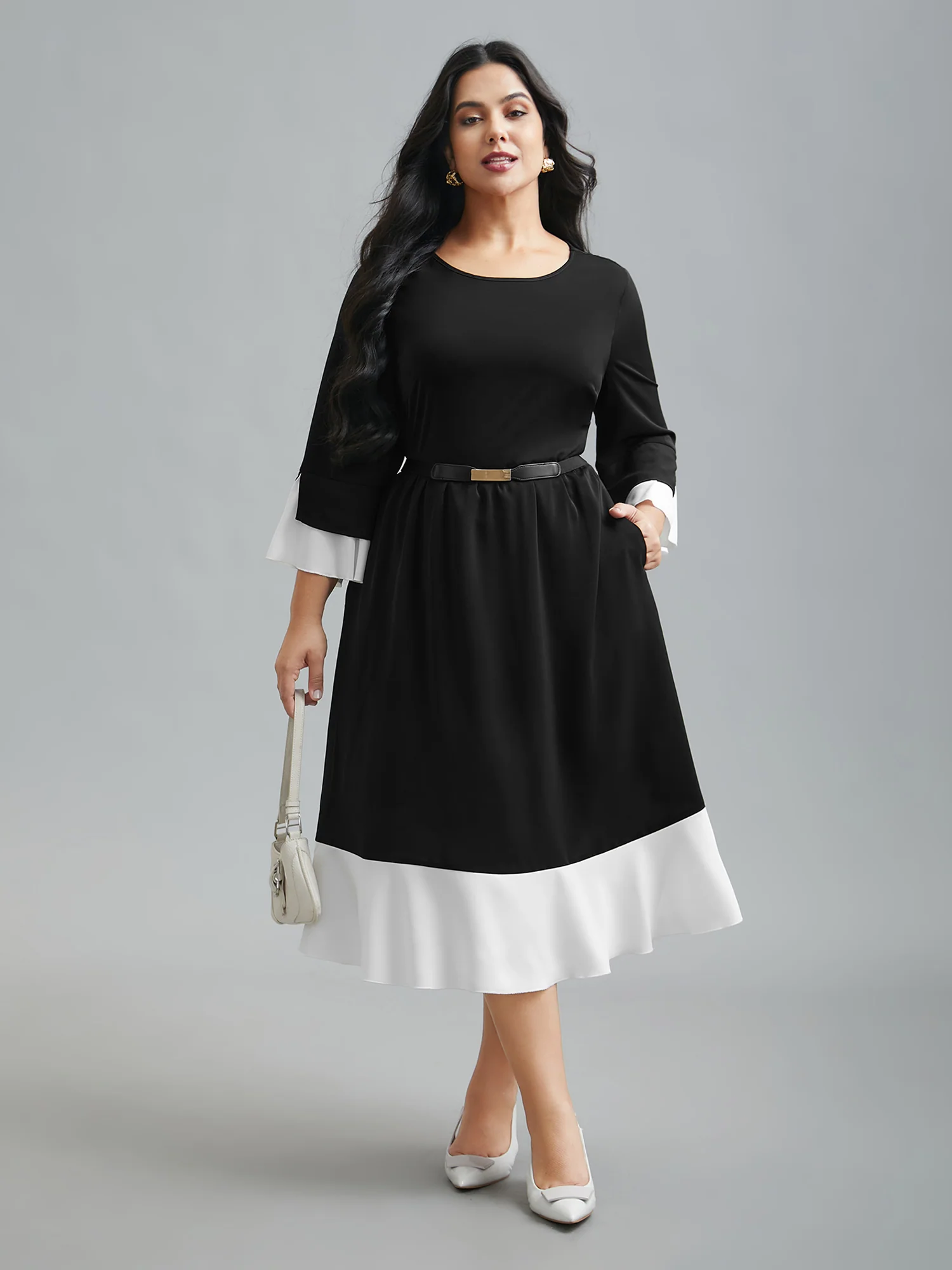Color Contrast Tiered Skirt Pocket Midi Dress - Image 2