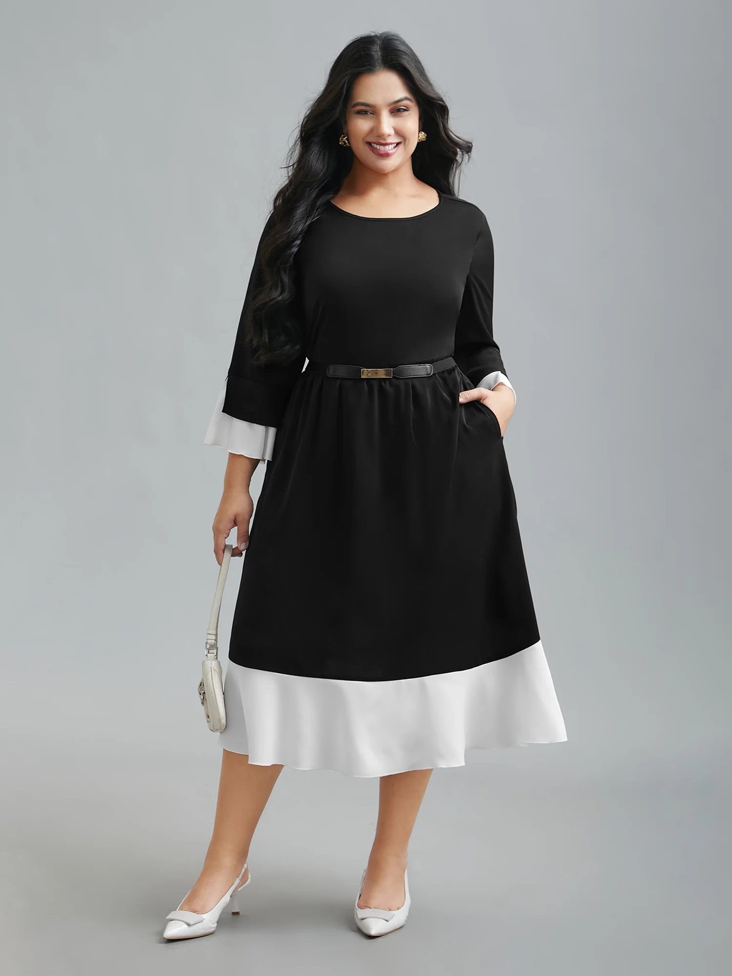Color Contrast Tiered Skirt Pocket Midi Dress - Image 3