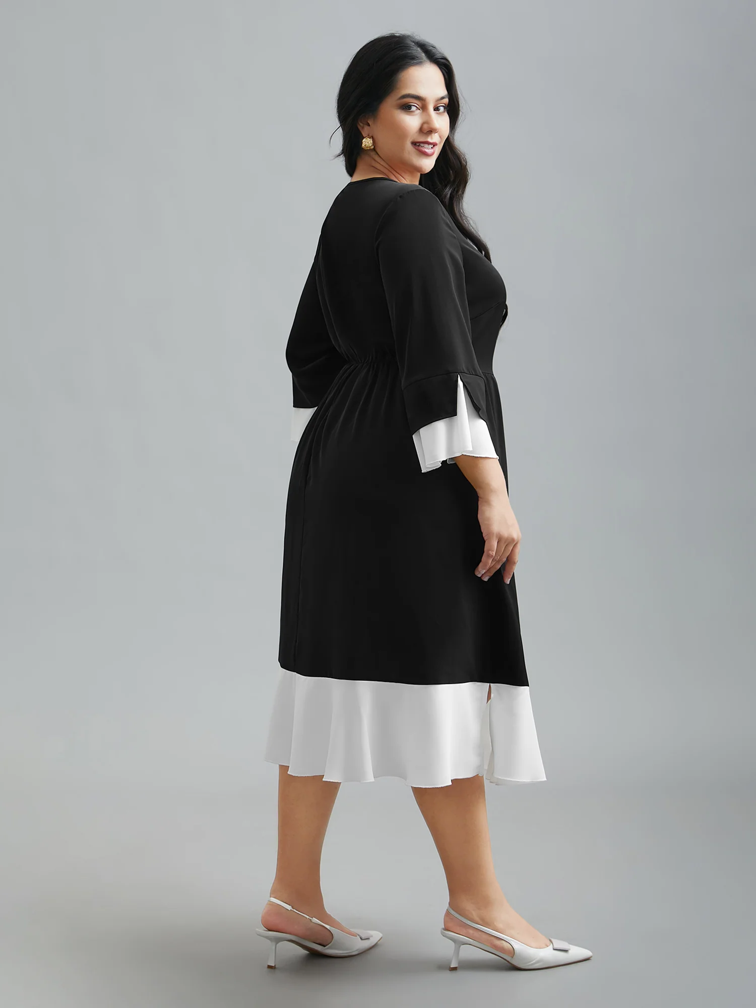 Color Contrast Tiered Skirt Pocket Midi Dress - Image 4
