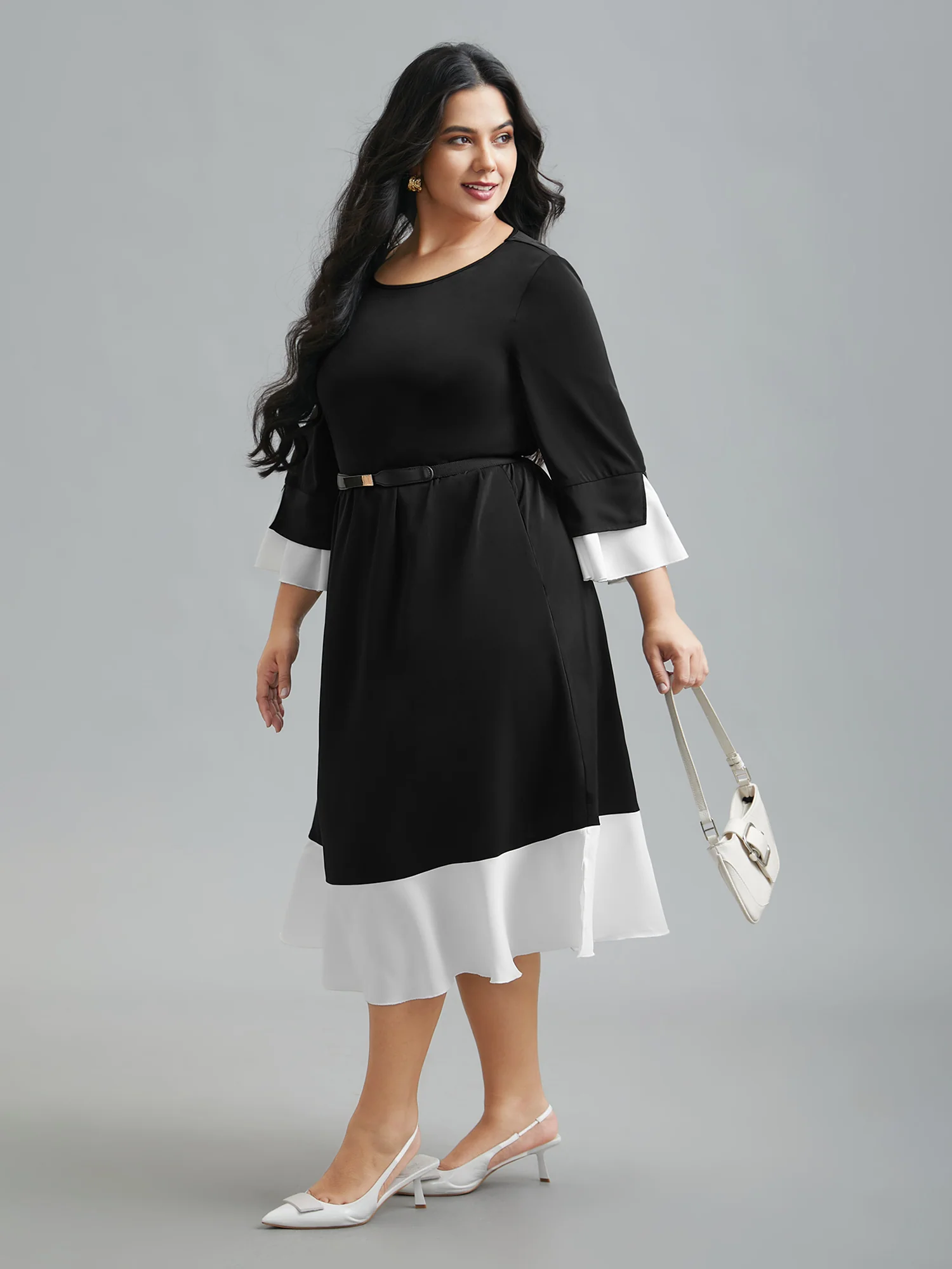 Color Contrast Tiered Skirt Pocket Midi Dress - Image 5