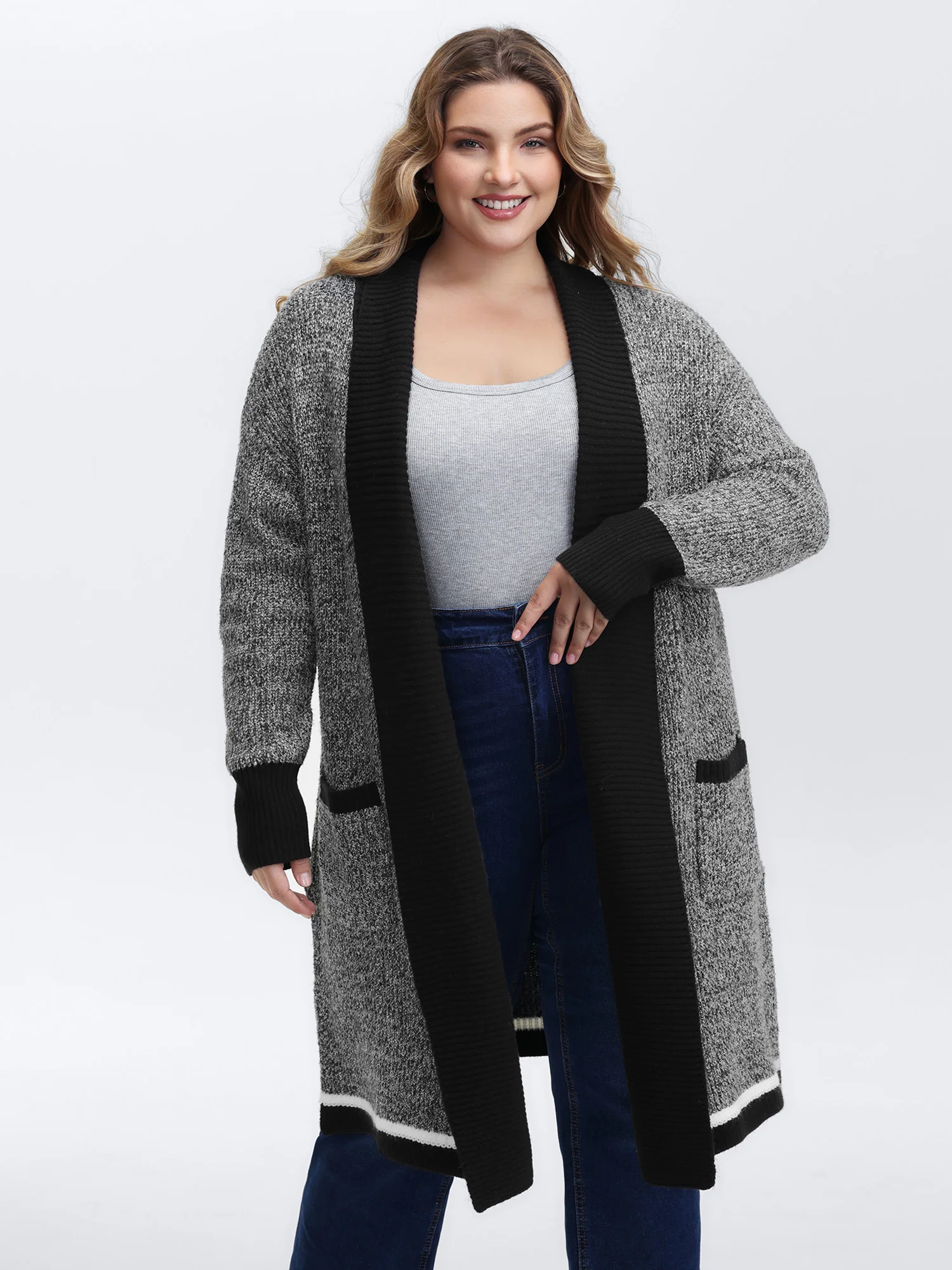 Color Contrast Trim Textured Pocket Knit Cardigan - Image 4