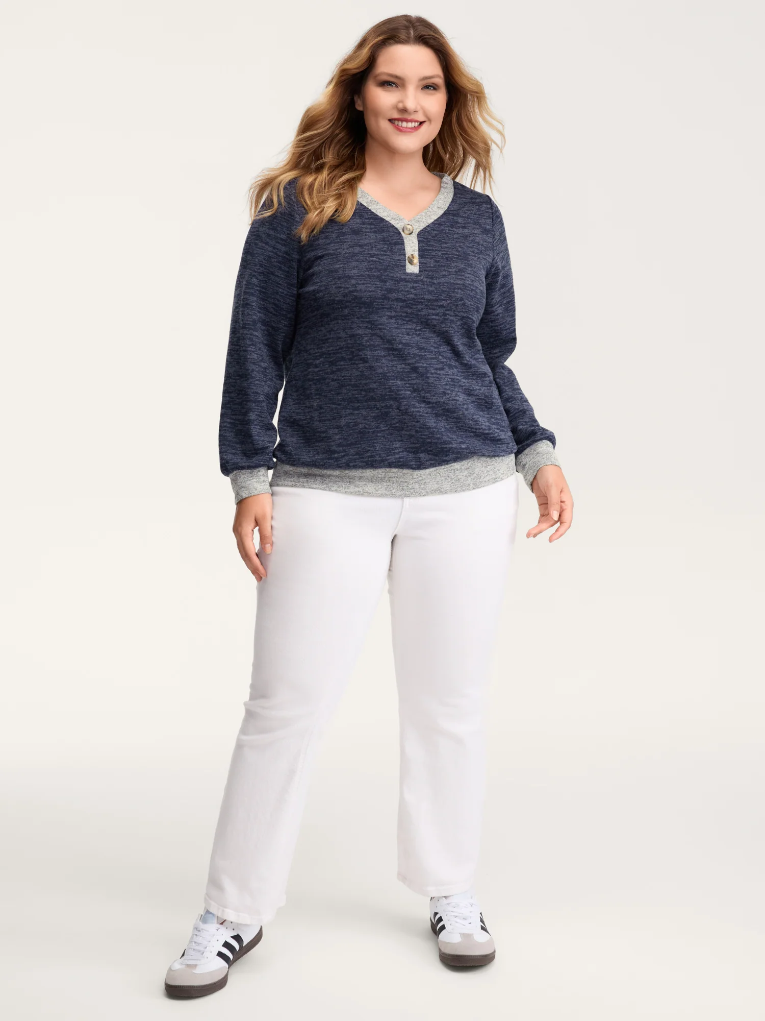 Color Contrast V-Neck Button Sweatshirt - Image 3