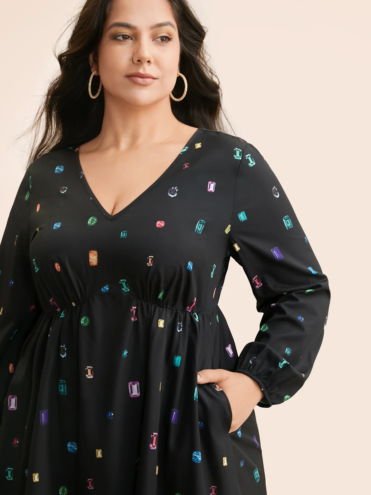 Color Diamond Print V Neck Dress - Image 2