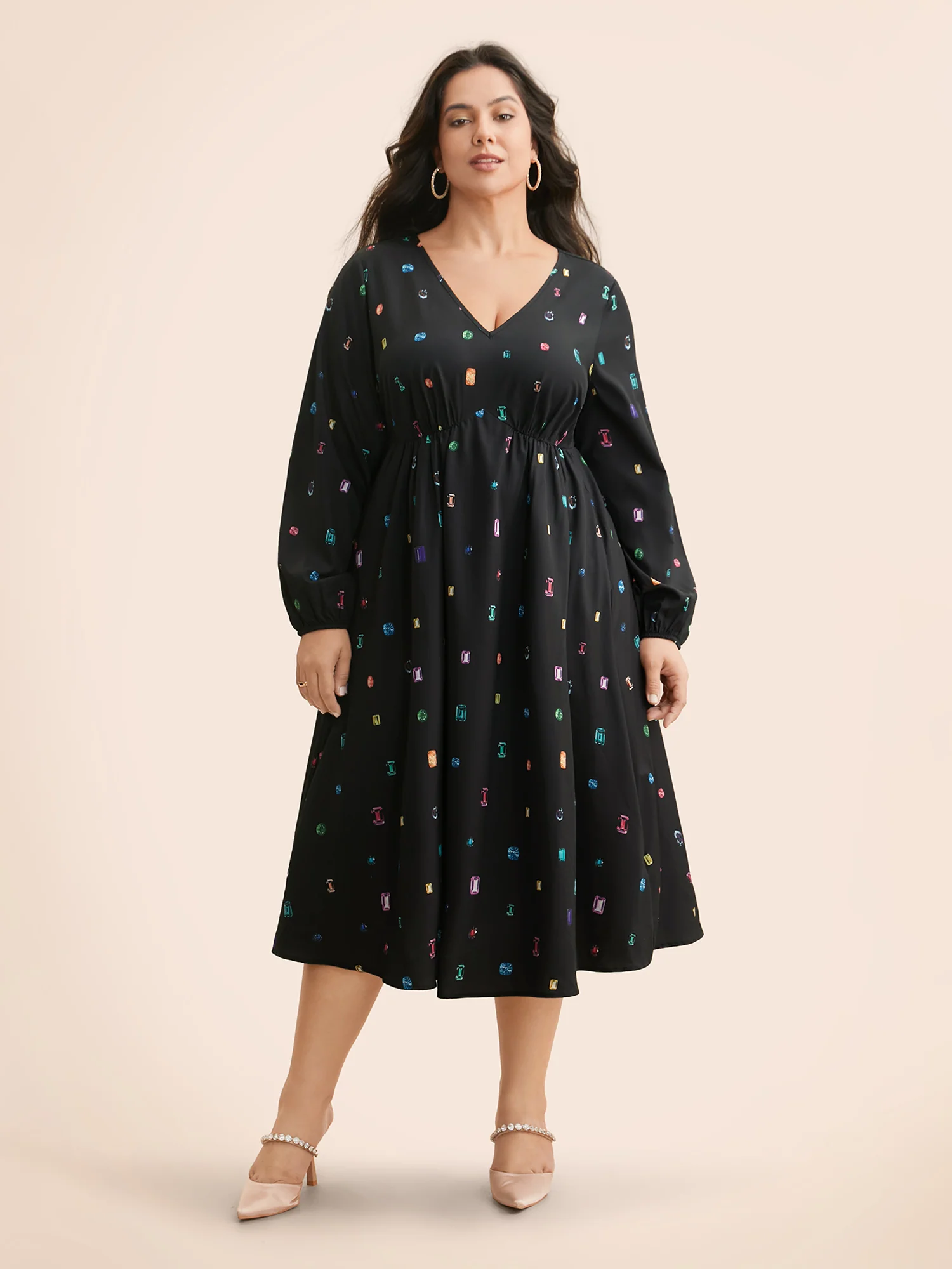 Color Diamond Print V Neck Dress - Image 3