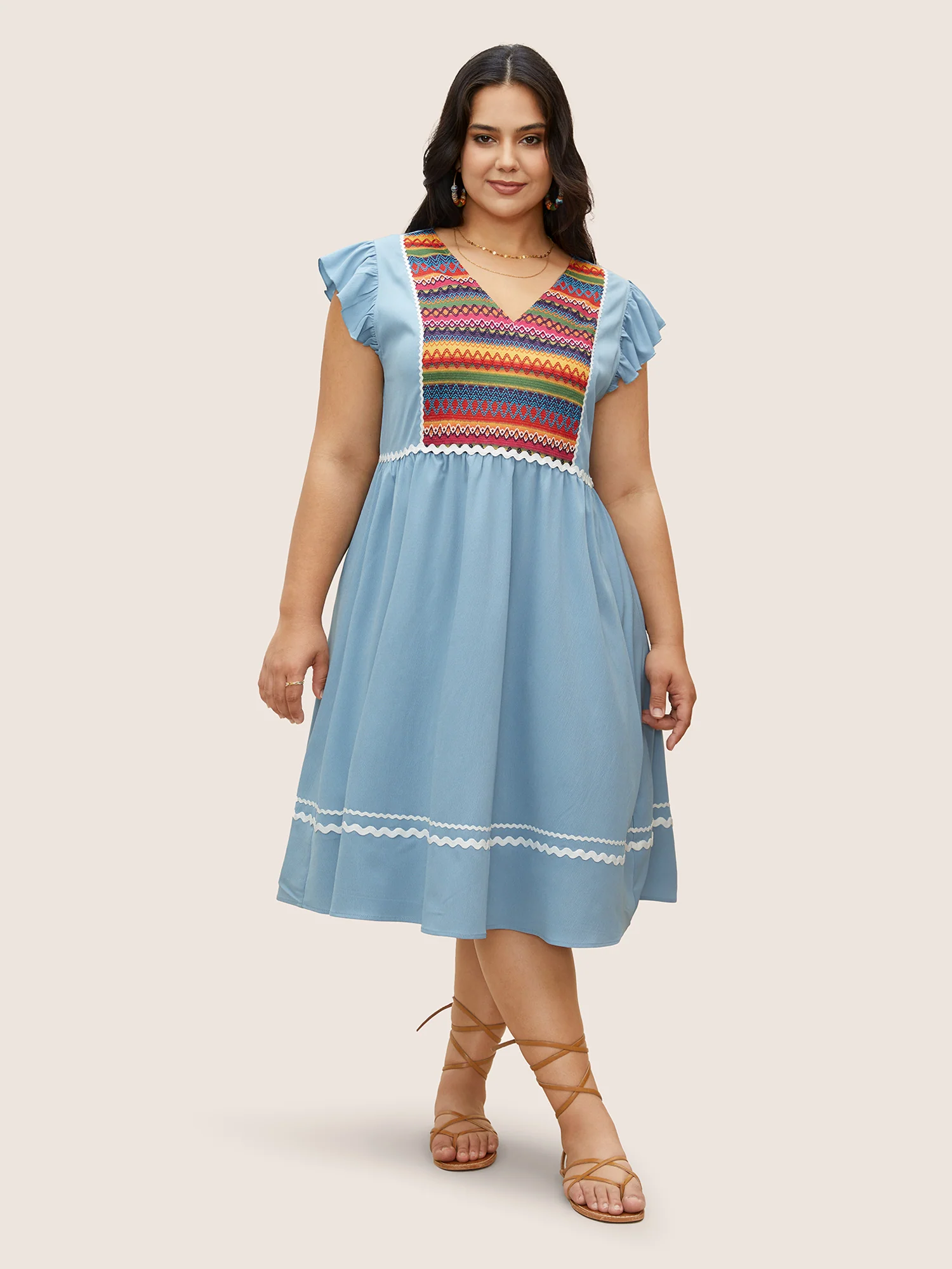 Color Embroidered Patchwork Flounce Sleeve Dress - Image 10