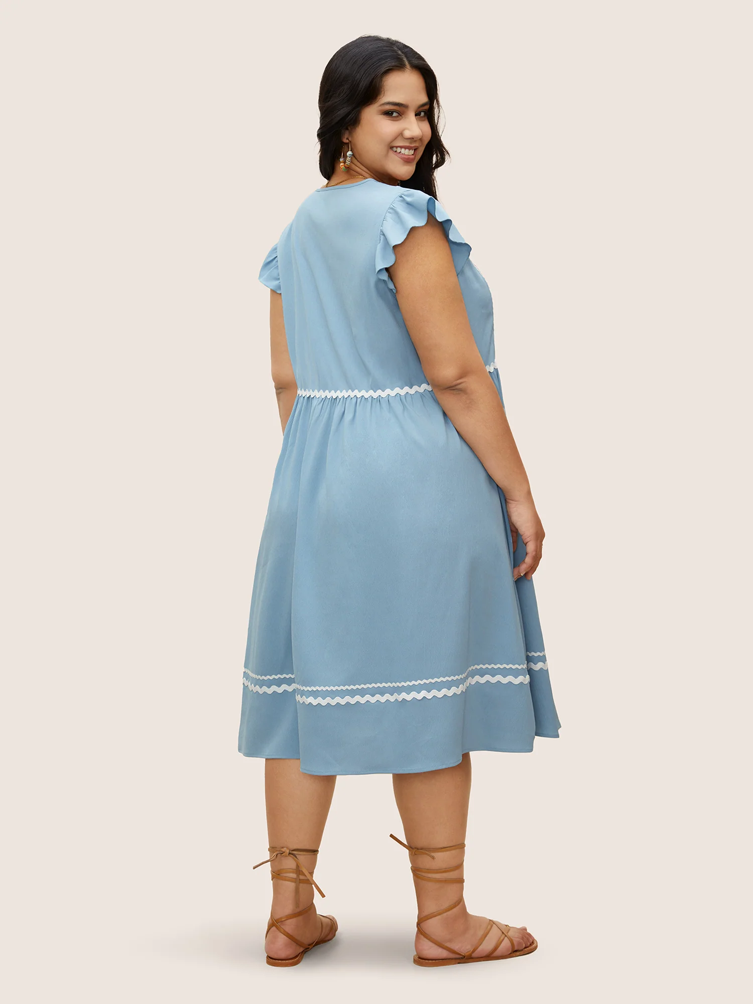 Color Embroidered Patchwork Flounce Sleeve Dress - Image 11