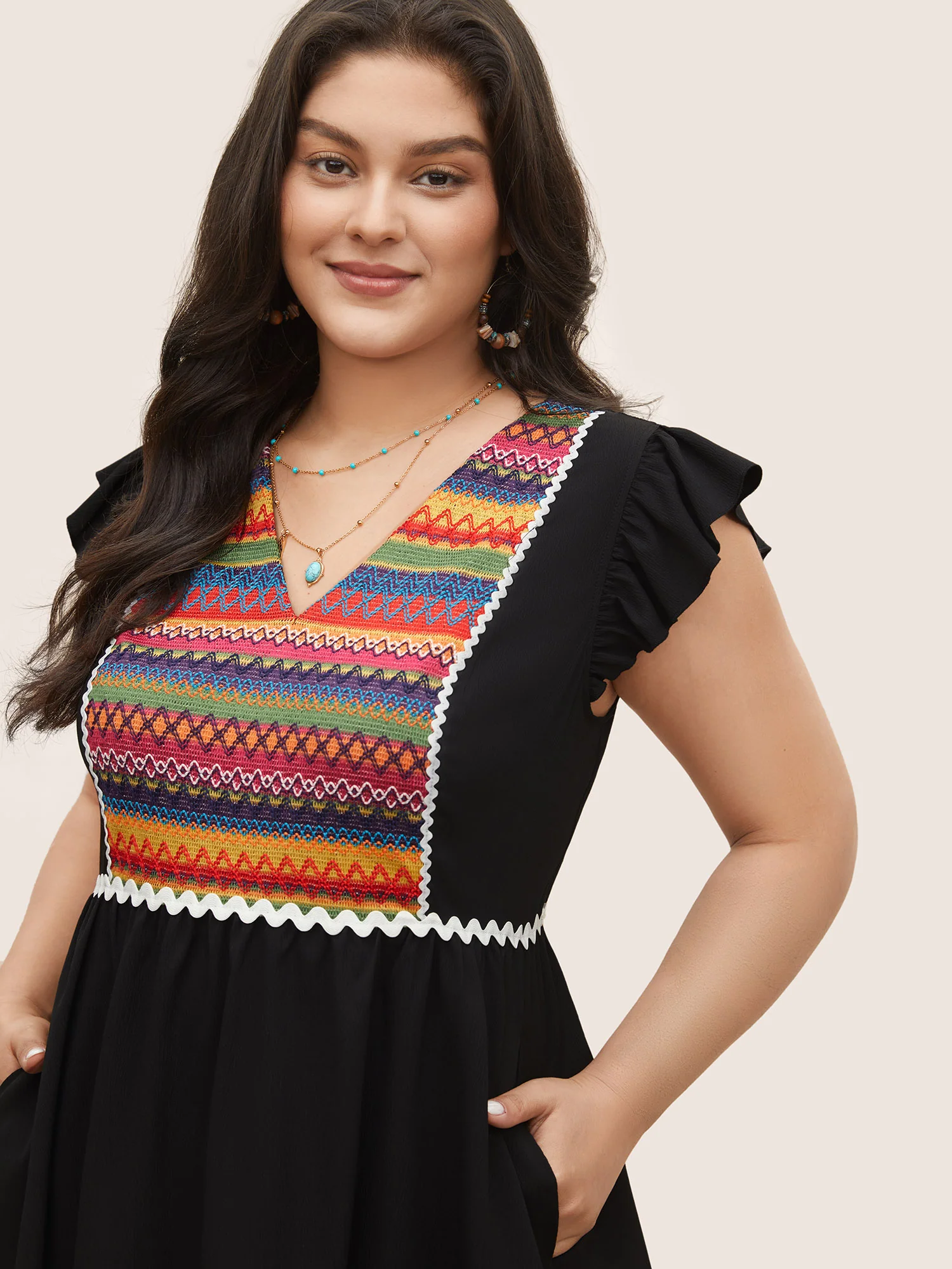 Color Embroidered Patchwork Flounce Sleeve Dress - Image 4