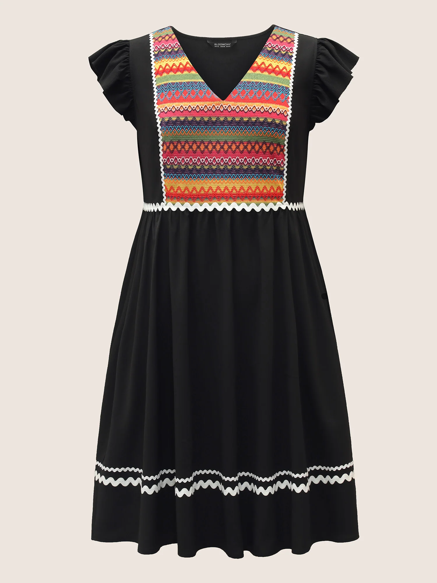 Color Embroidered Patchwork Flounce Sleeve Dress - Image 7