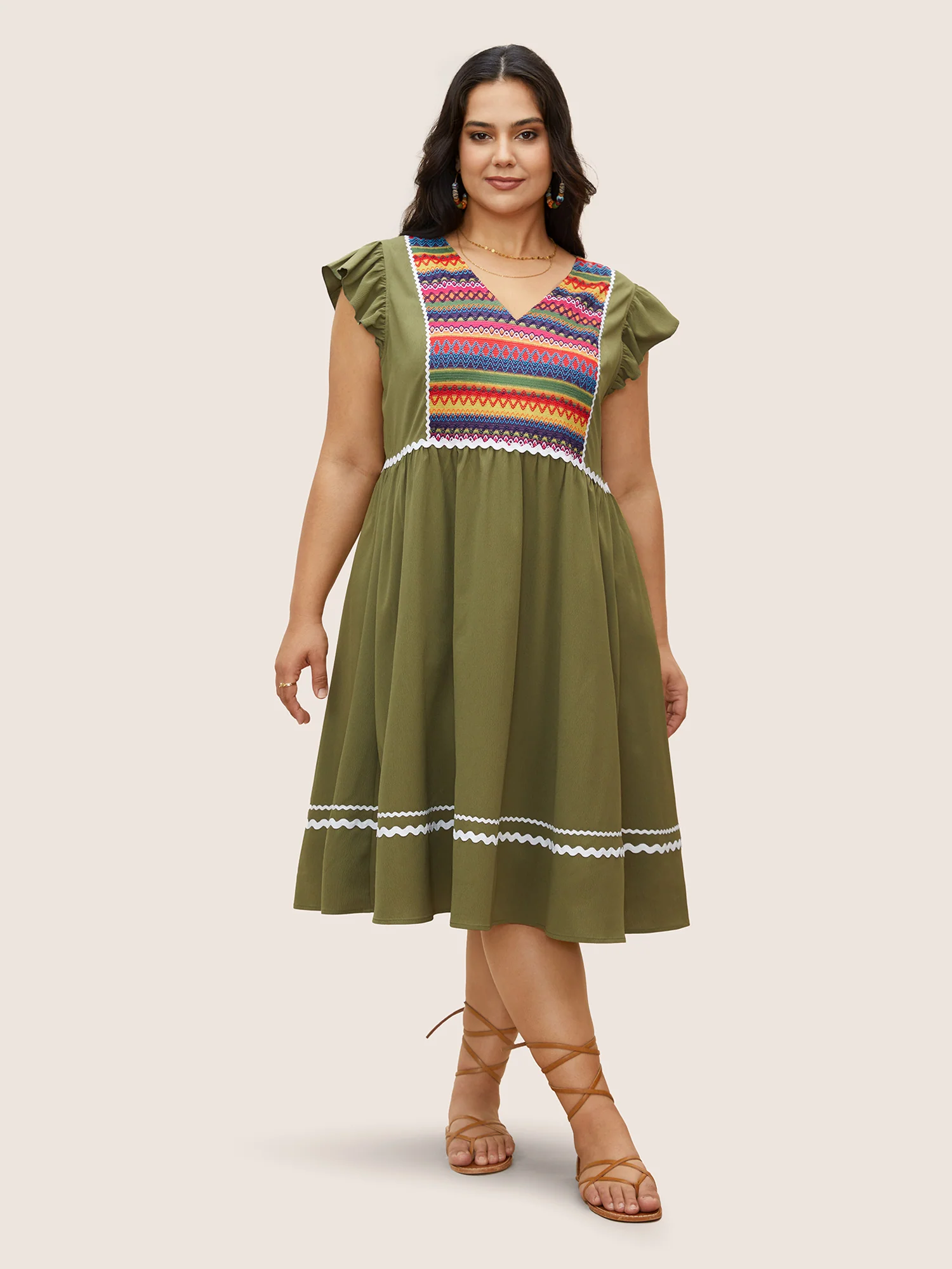 Color Embroidered Patchwork Flounce Sleeve Dress - Image 8