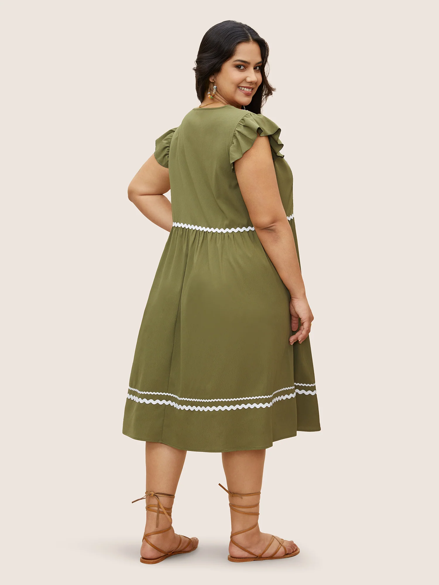 Color Embroidered Patchwork Flounce Sleeve Dress - Image 9