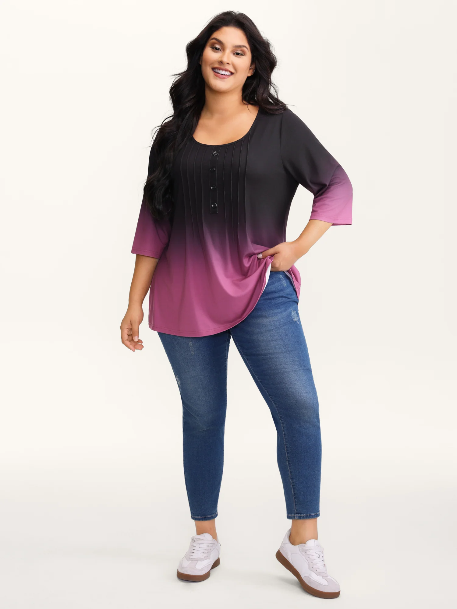 Color Gradient Pleated Button T-Shirt - Image 3