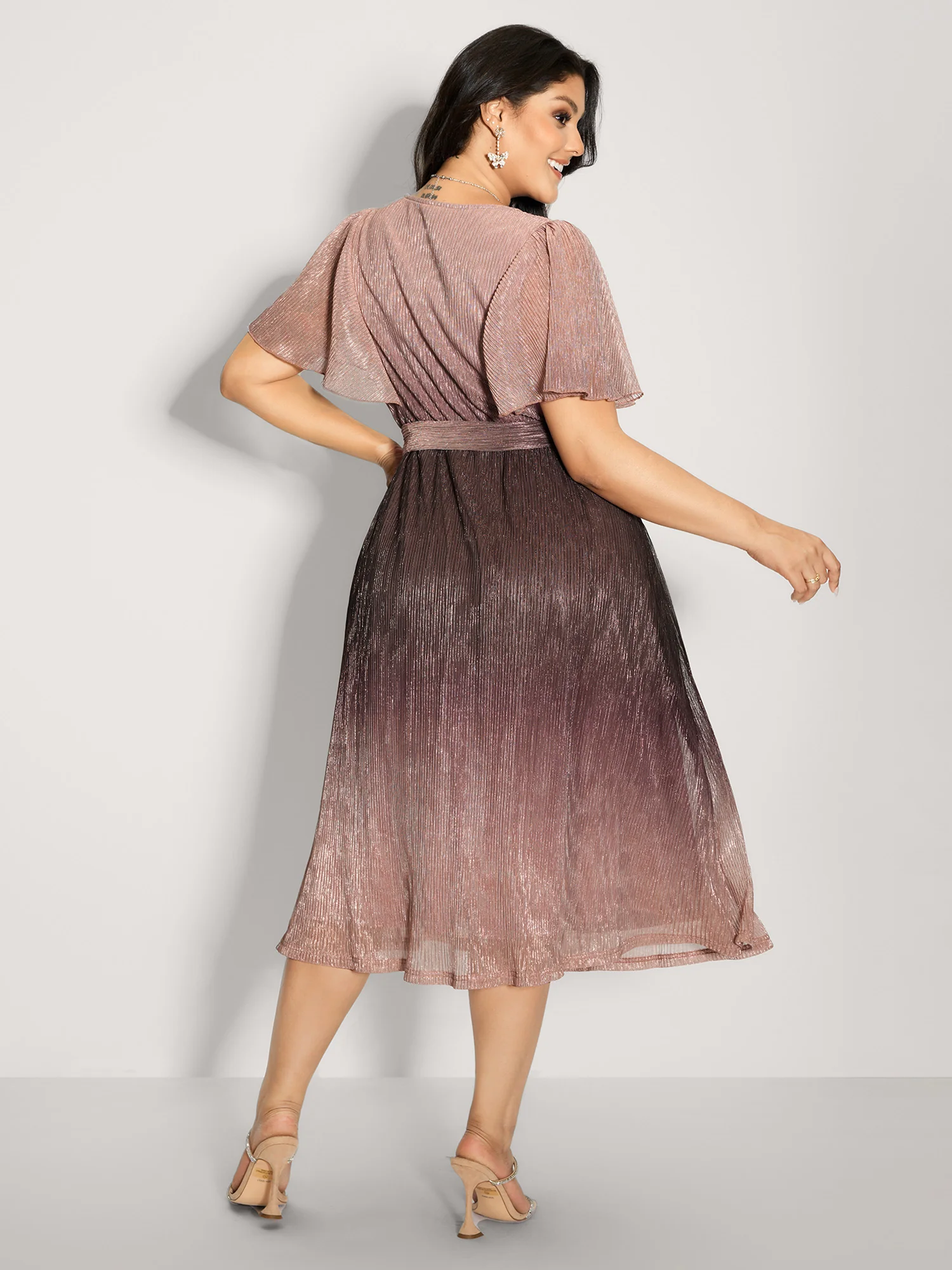 Color Gradient Pockets Belted Midi Dress - Image 4