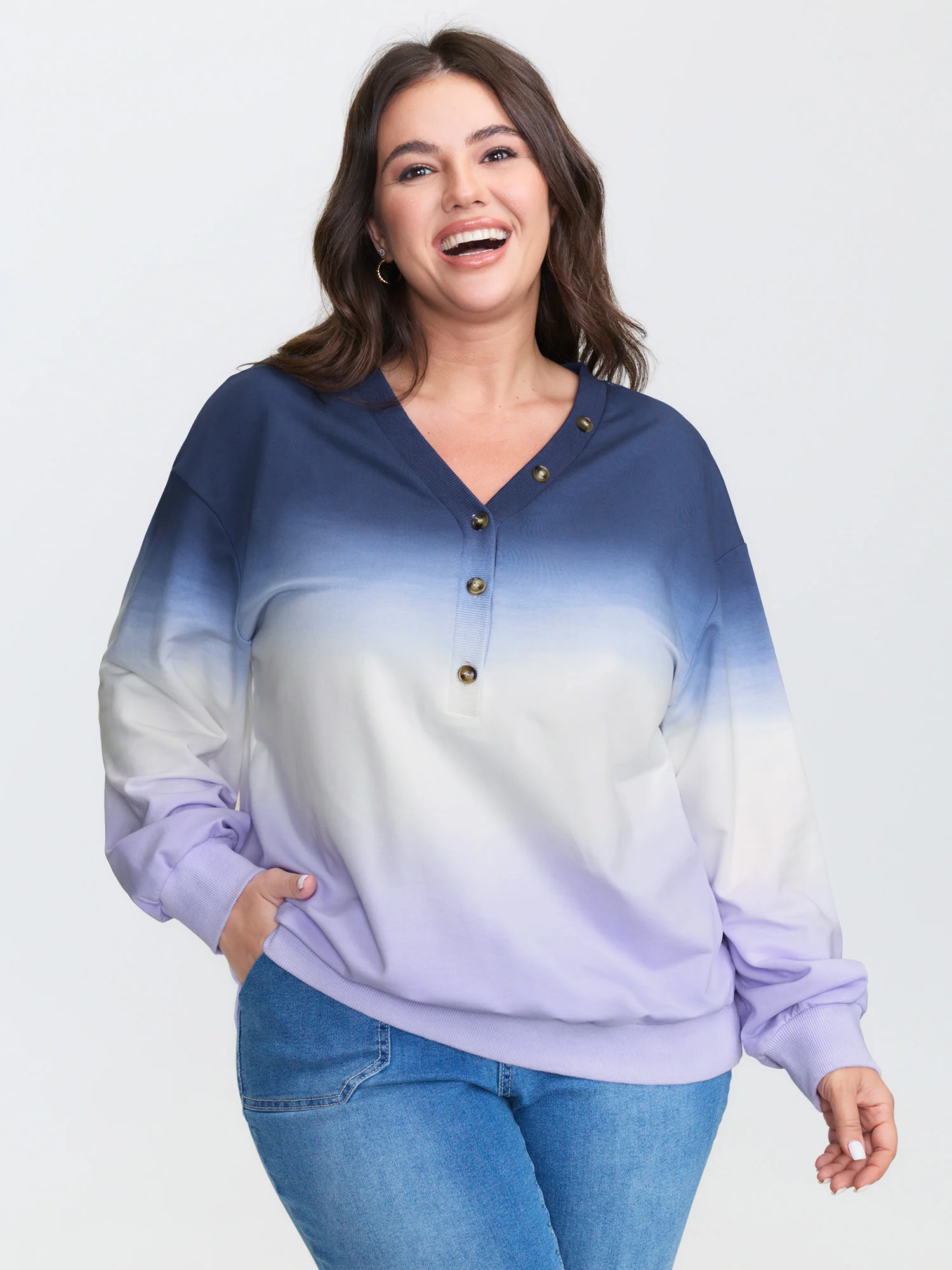 Color Gradient Ribbed Hem Button Sweatshirt