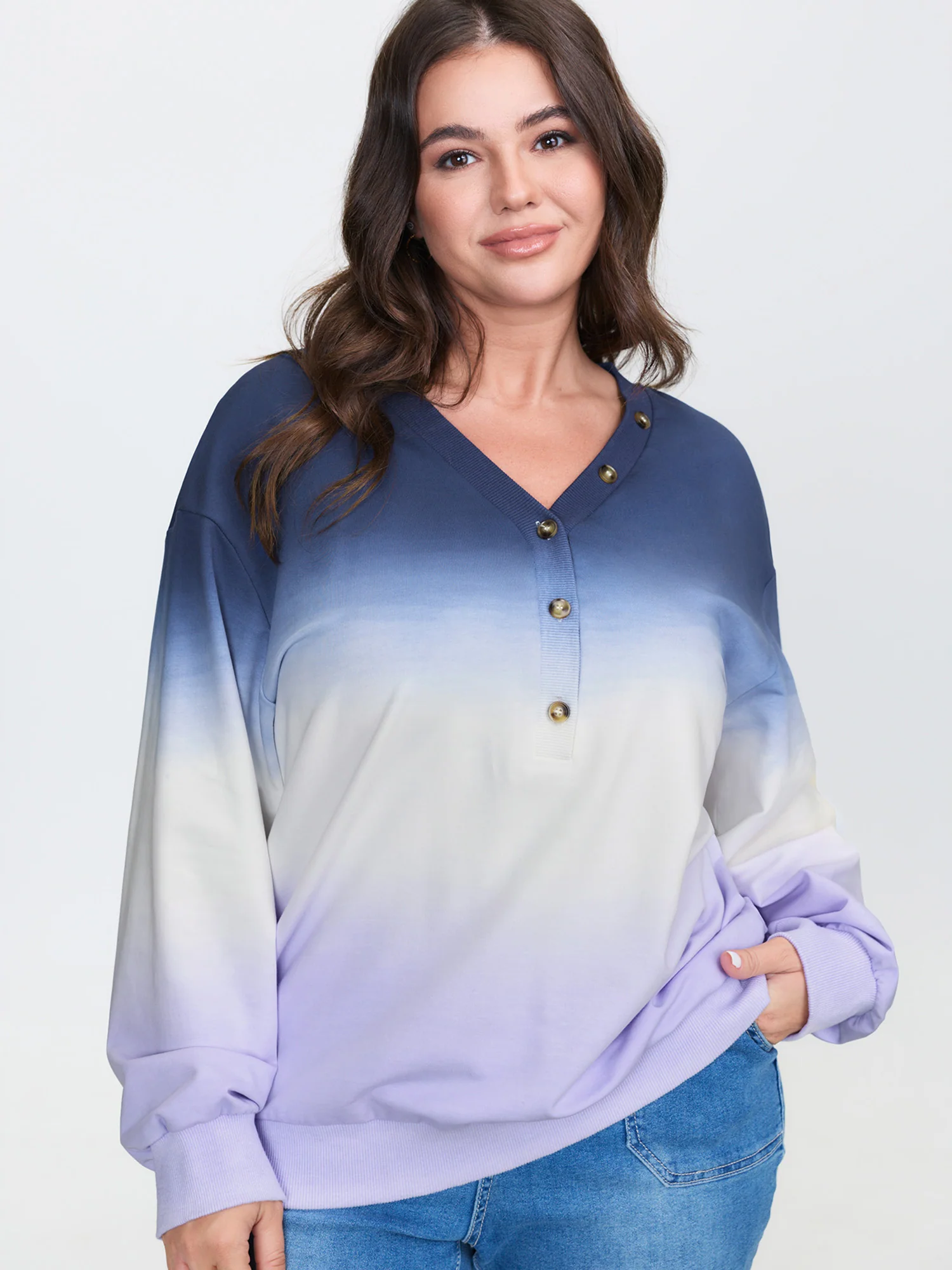 Color Gradient Ribbed Hem Button Sweatshirt - Image 2