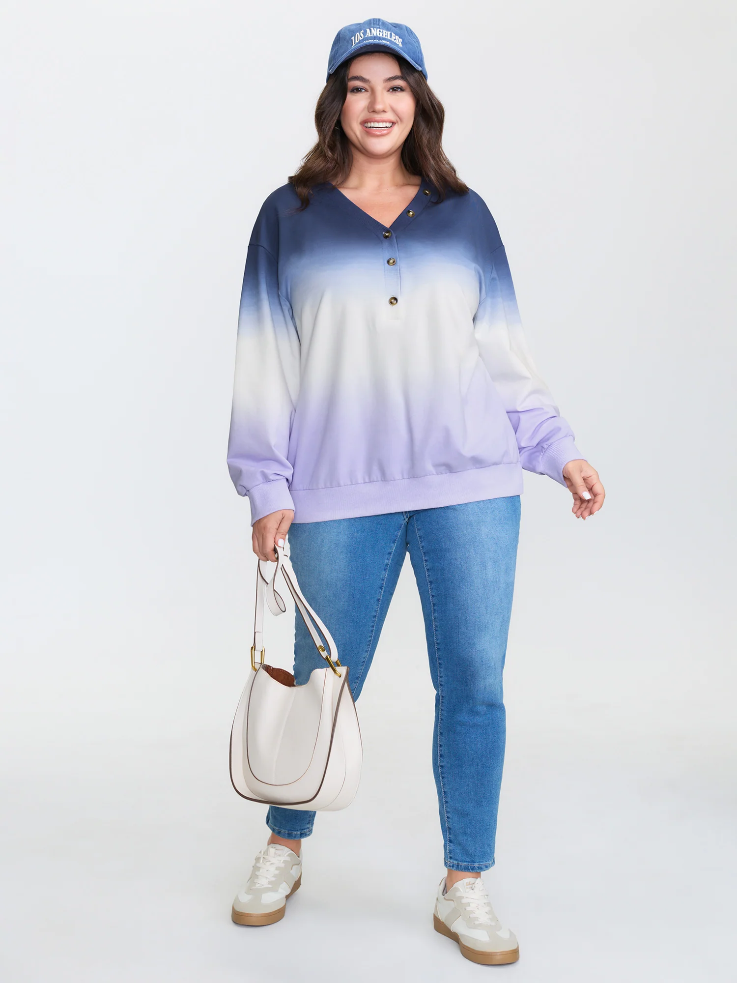 Color Gradient Ribbed Hem Button Sweatshirt - Image 3
