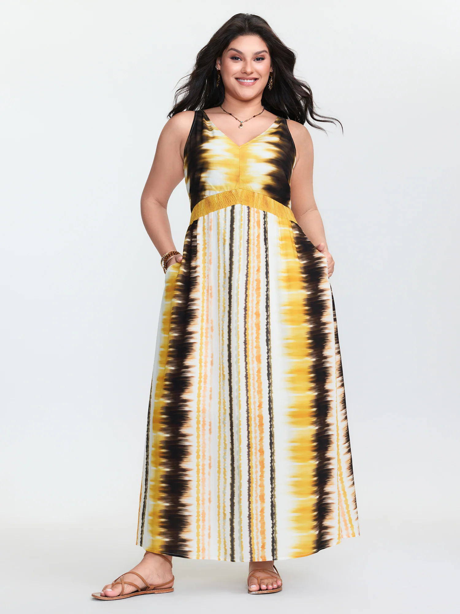 Color Gradient V-Neck Shirred Waist Maxi Dress - Image 2