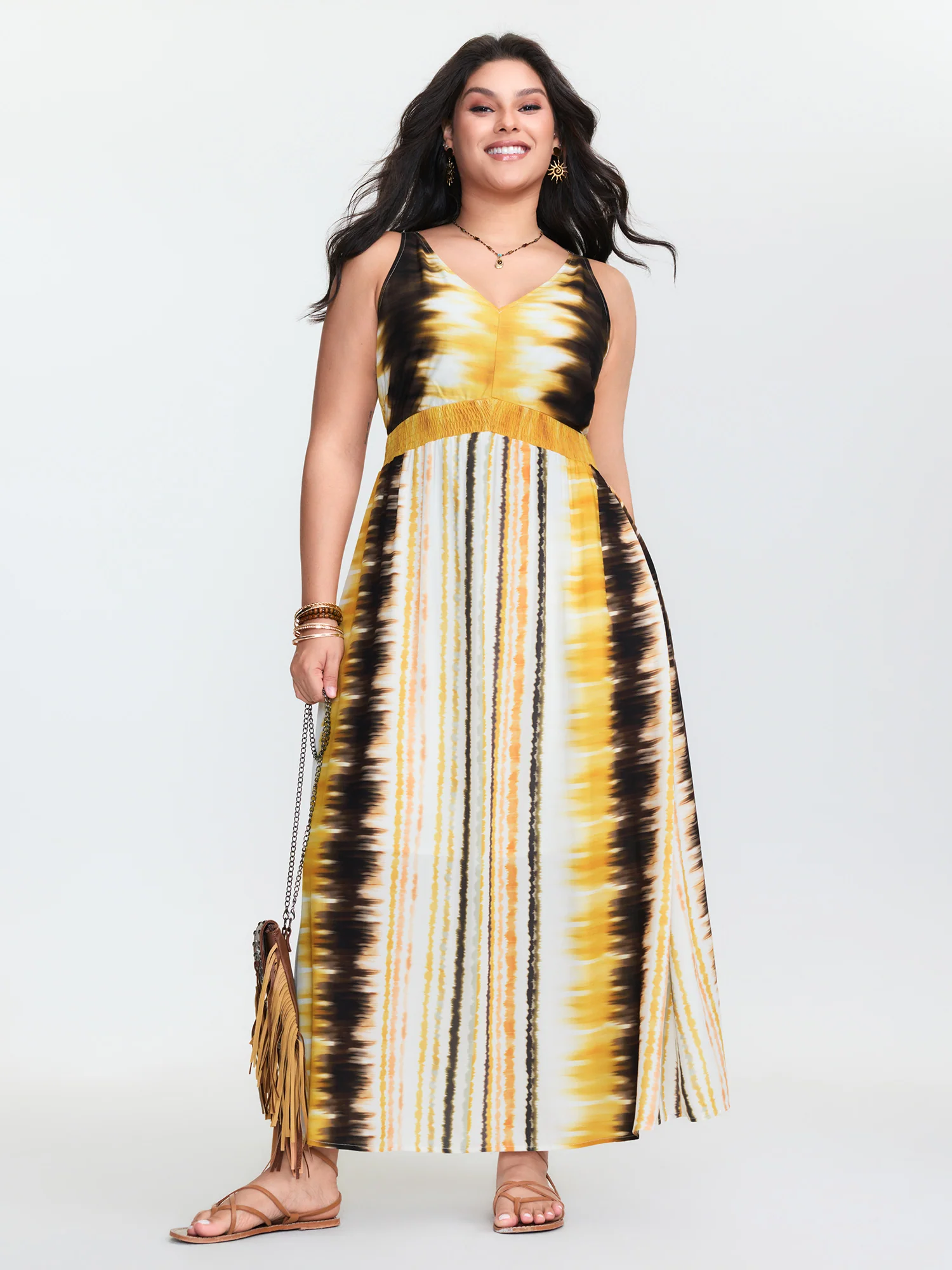 Color Gradient V-Neck Shirred Waist Maxi Dress - Image 3