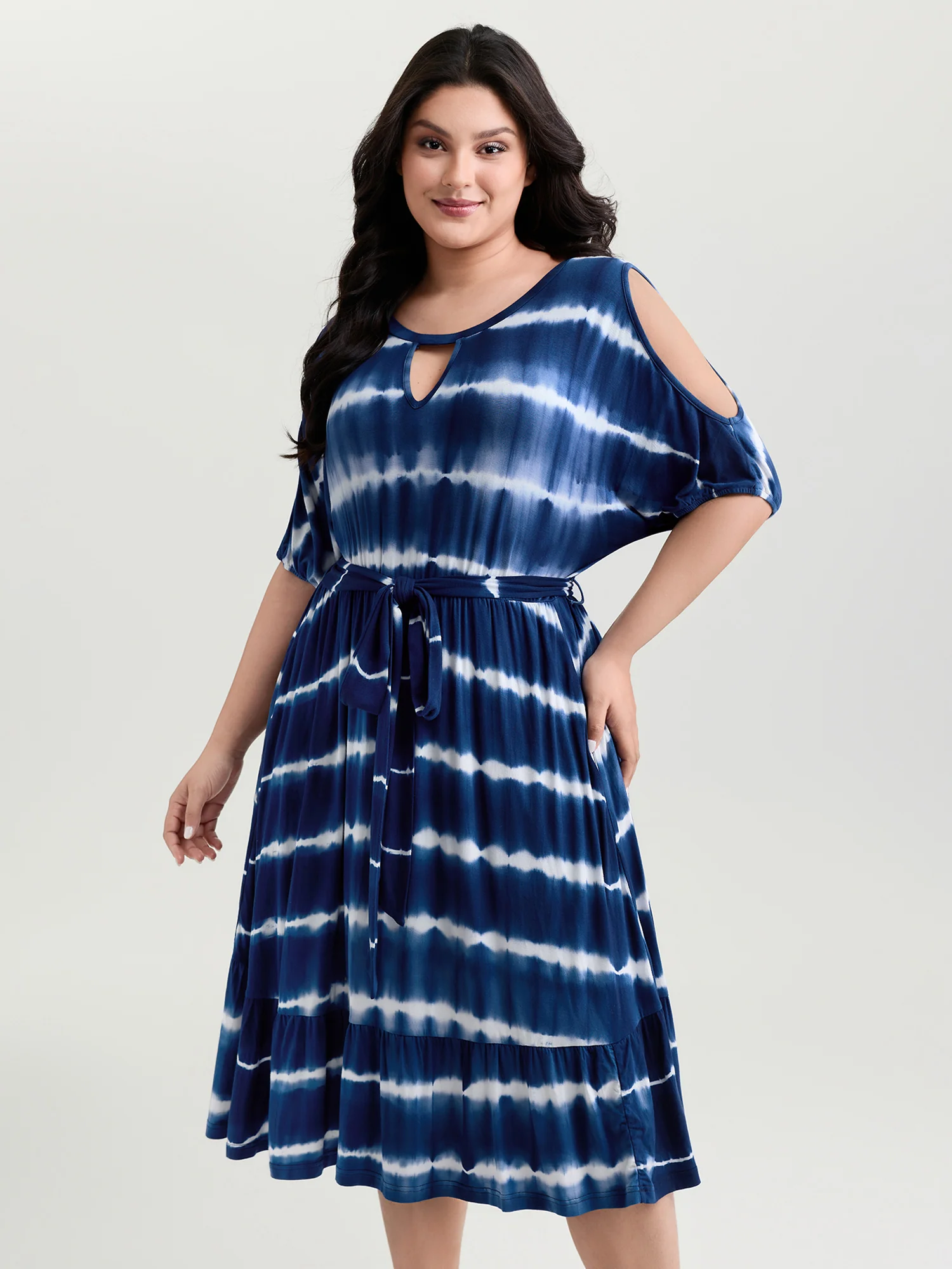 Color Gradient Waist-Tie Keyhole Neckline Mini Dress - Image 3