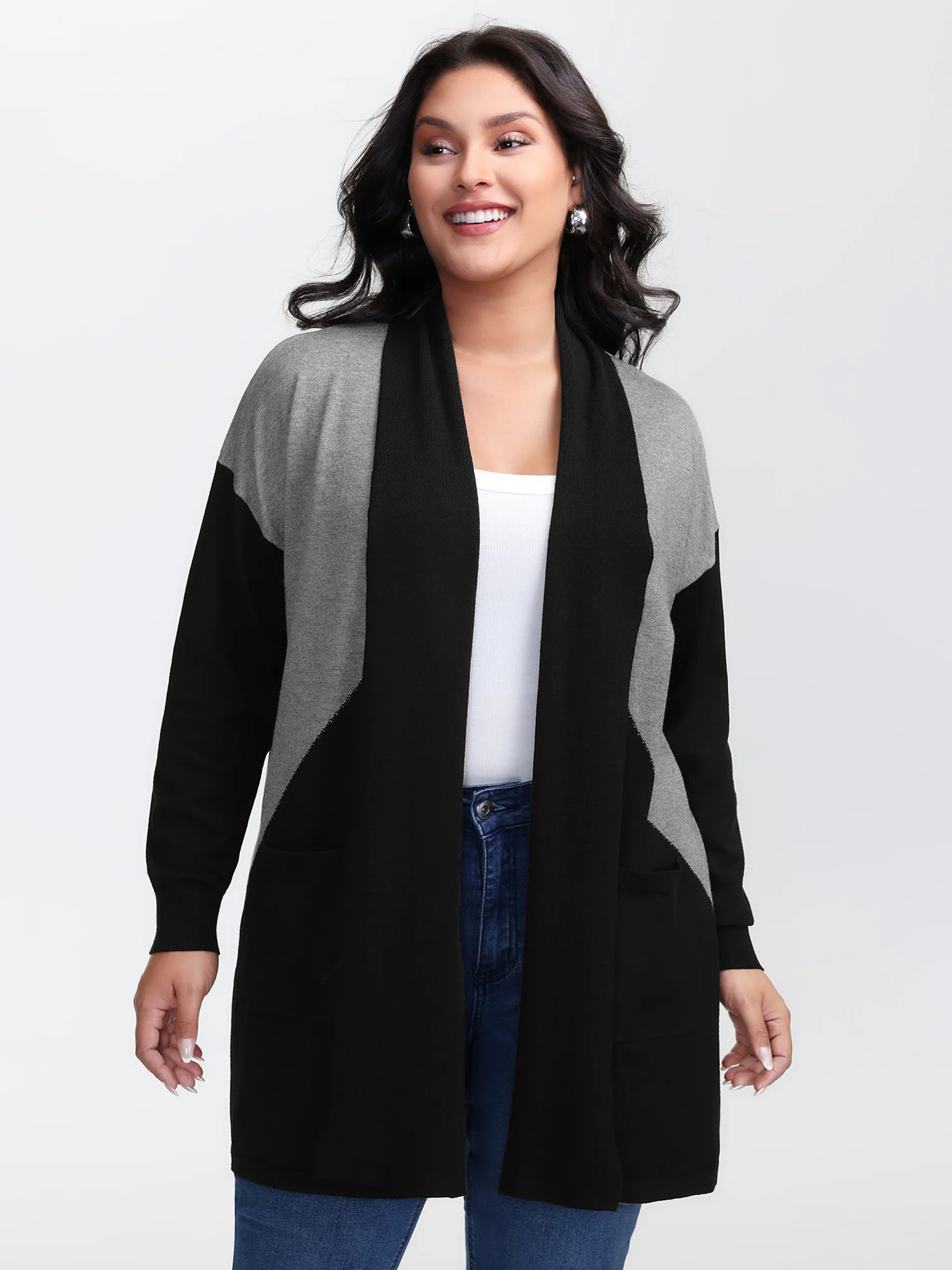 Supersoft Color Patches Kimono Collar Pockets Knit Cardigan - Image 2