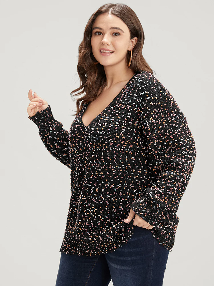 Color Ping Pong Yarns V Neck Popcorn Knit Top - Image 3