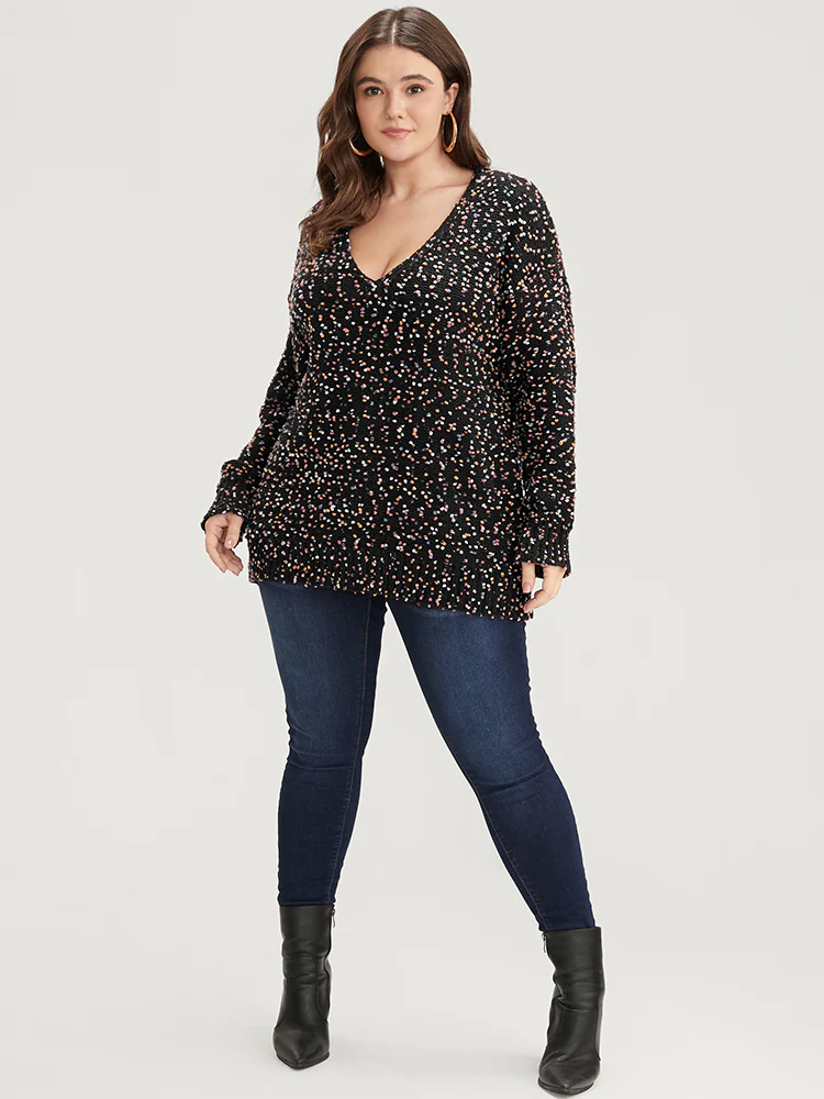 Color Ping Pong Yarns V Neck Popcorn Knit Top - Image 4