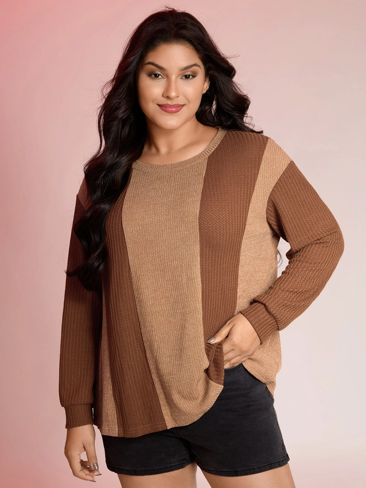 Color Stripe Relaxed Fit Round Neck Sweatshirt