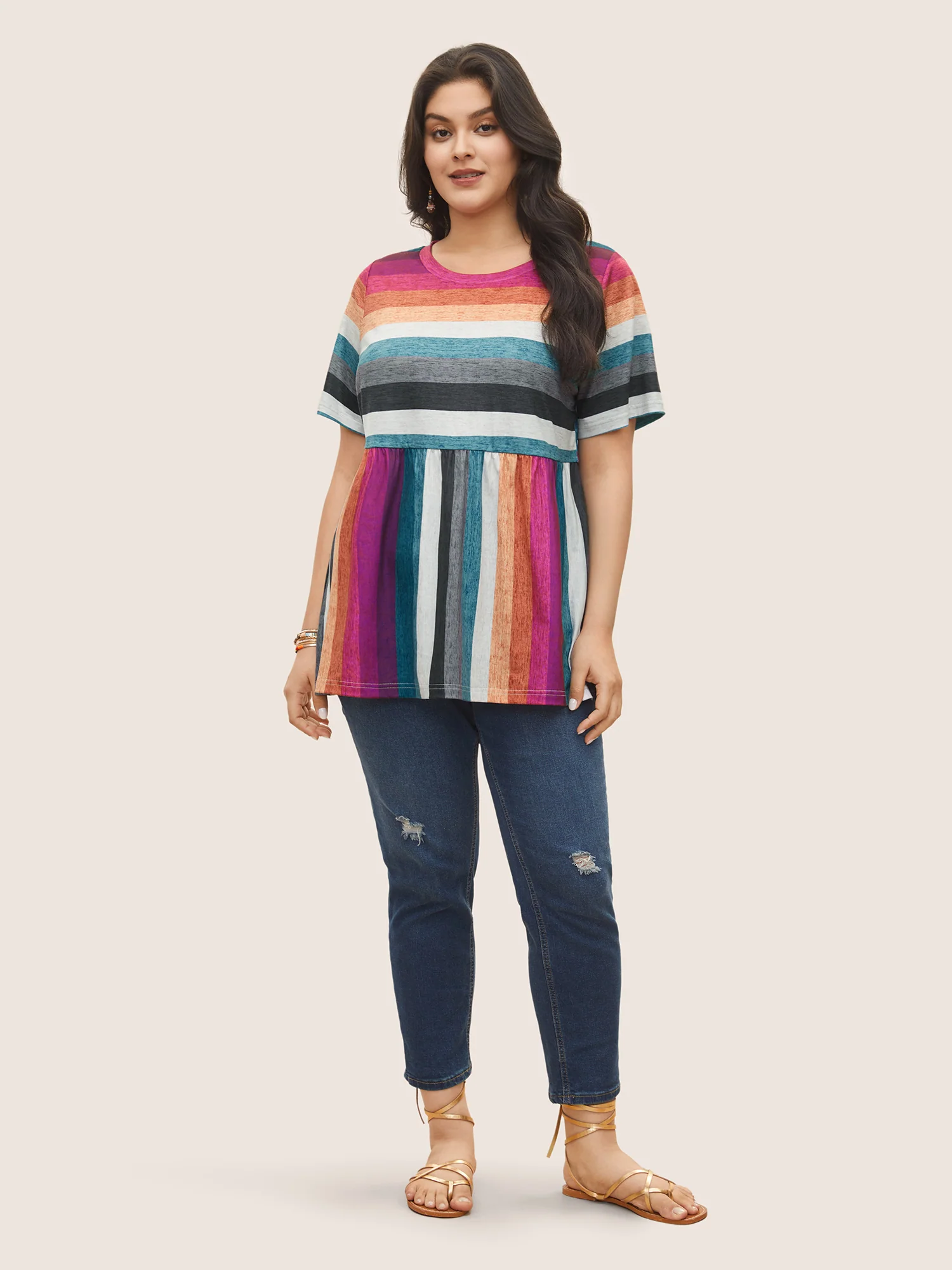 Color Striped Crew Neck Gathered T-shirt - Image 3