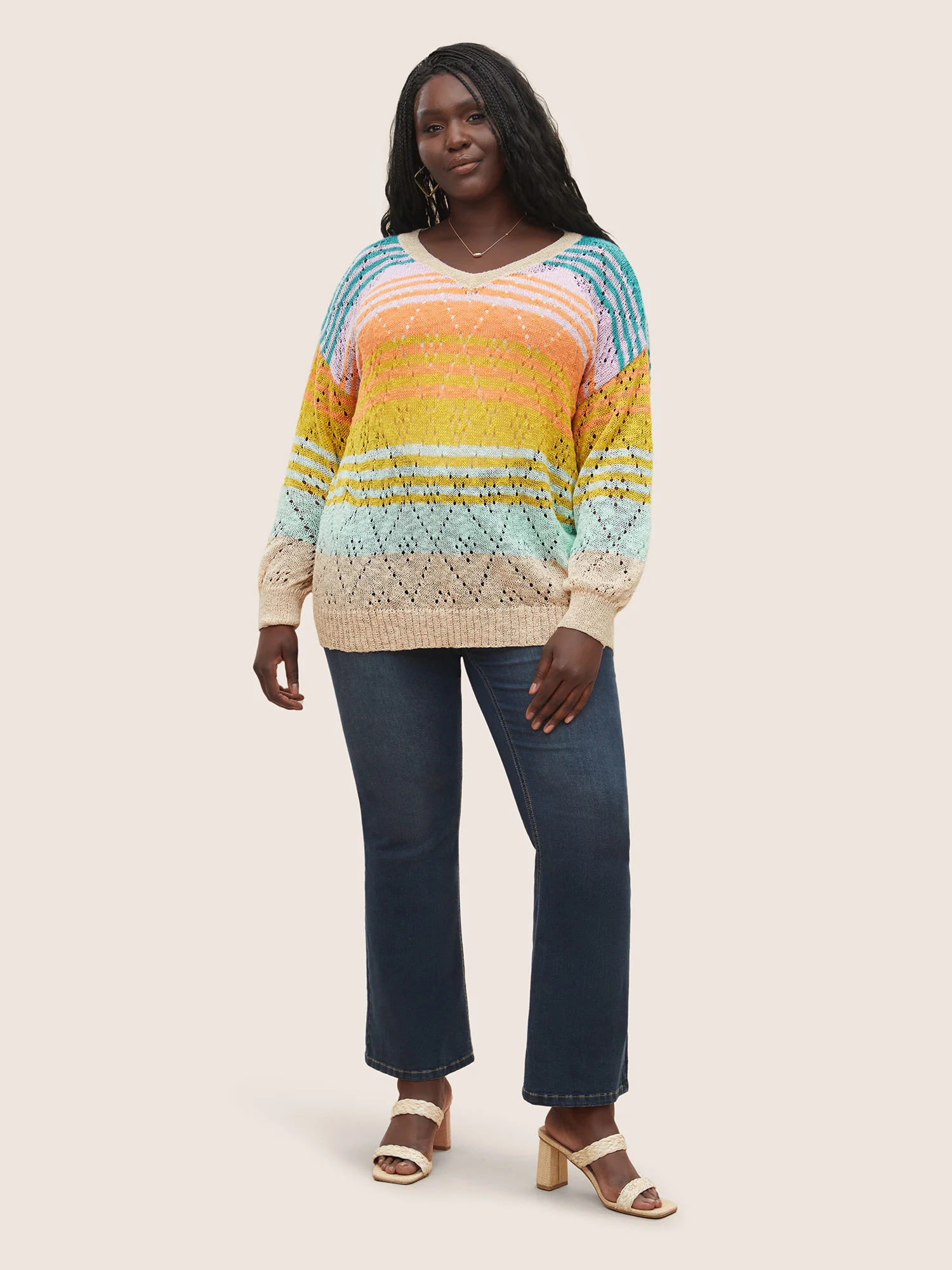 Color Striped Hollow Out Pullover - Image 3