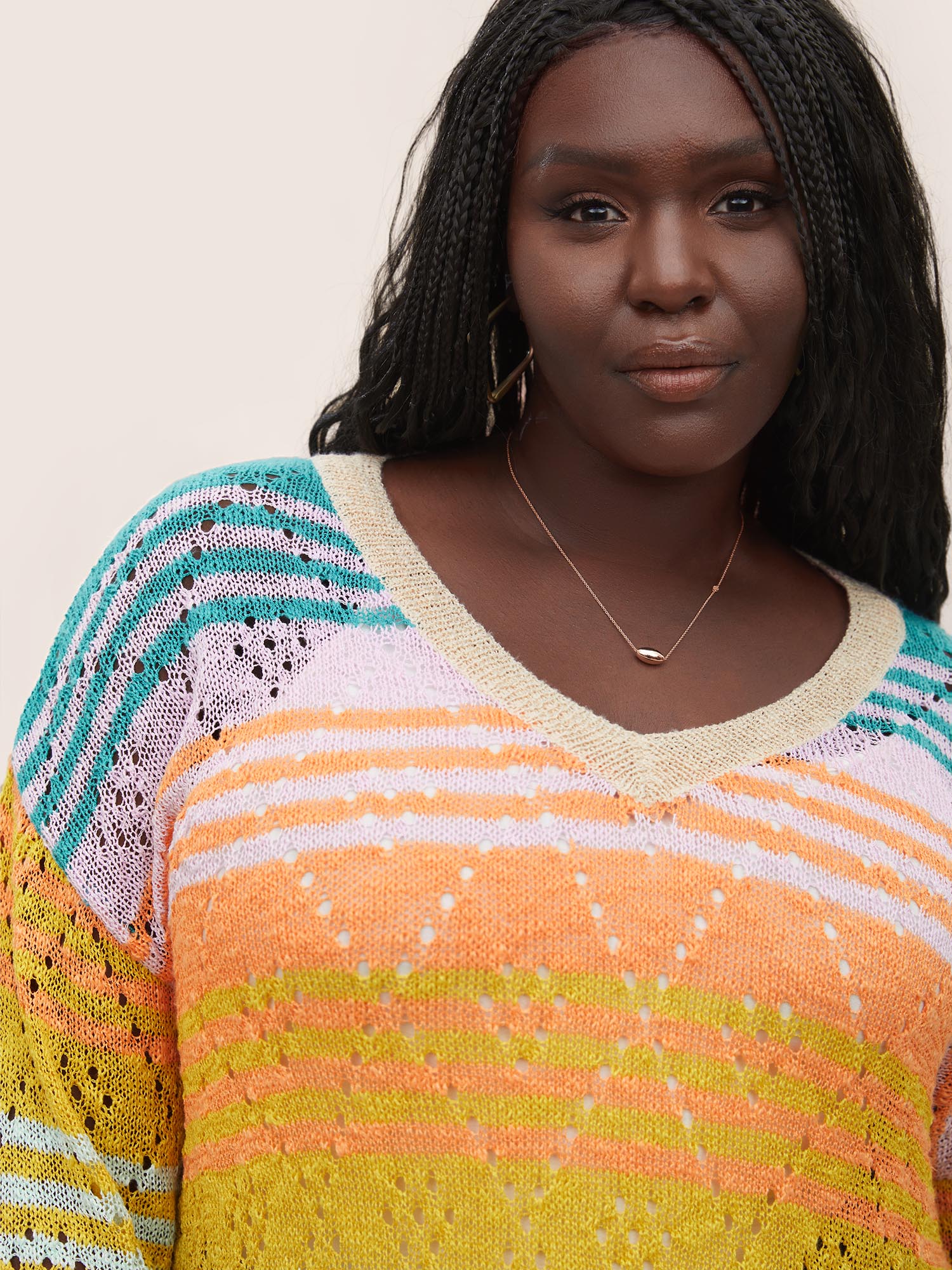 Color Striped Hollow Out Pullover - Image 4