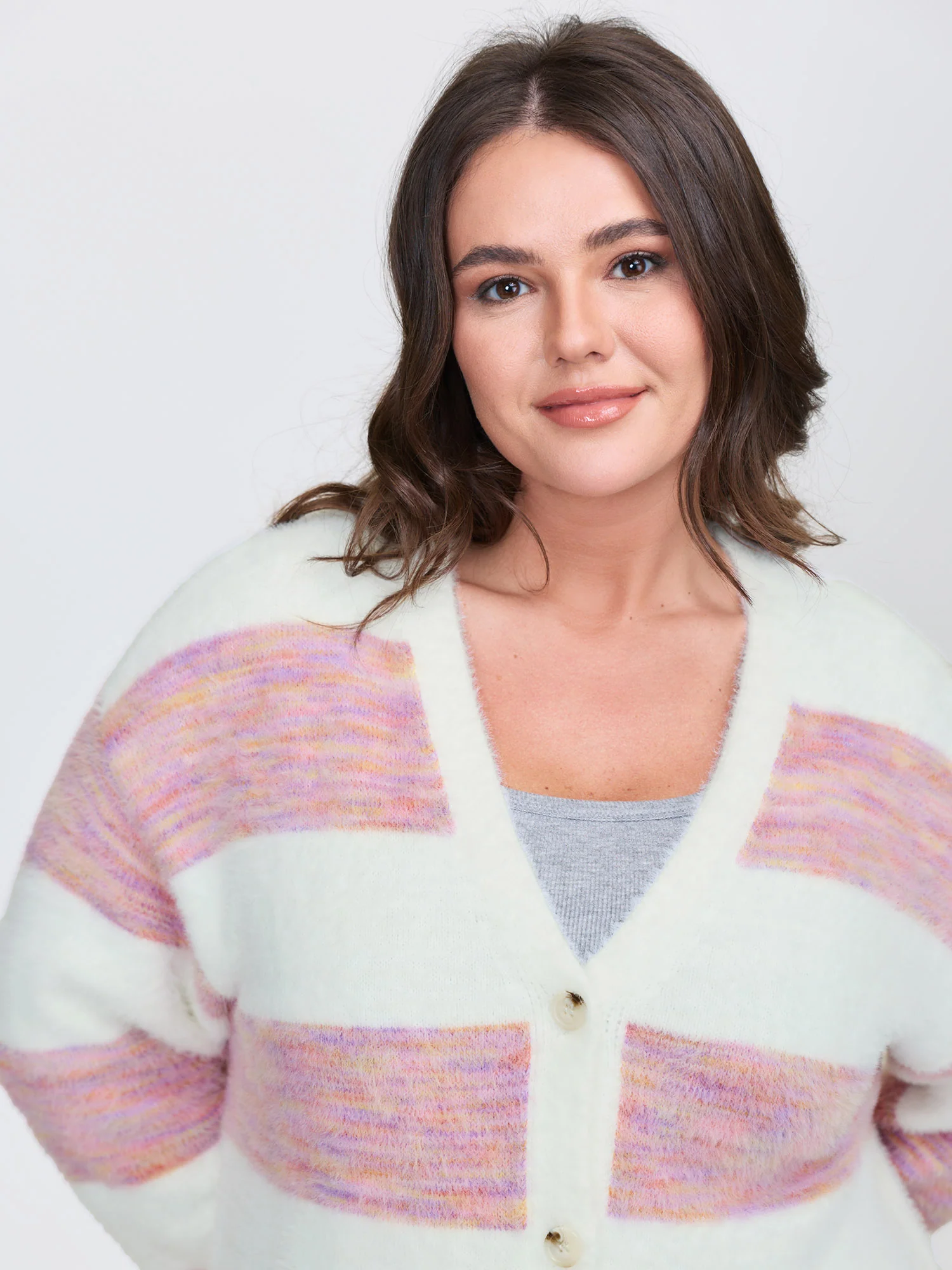 Color Stripes Furry Textured Knit Cardigan - Image 2
