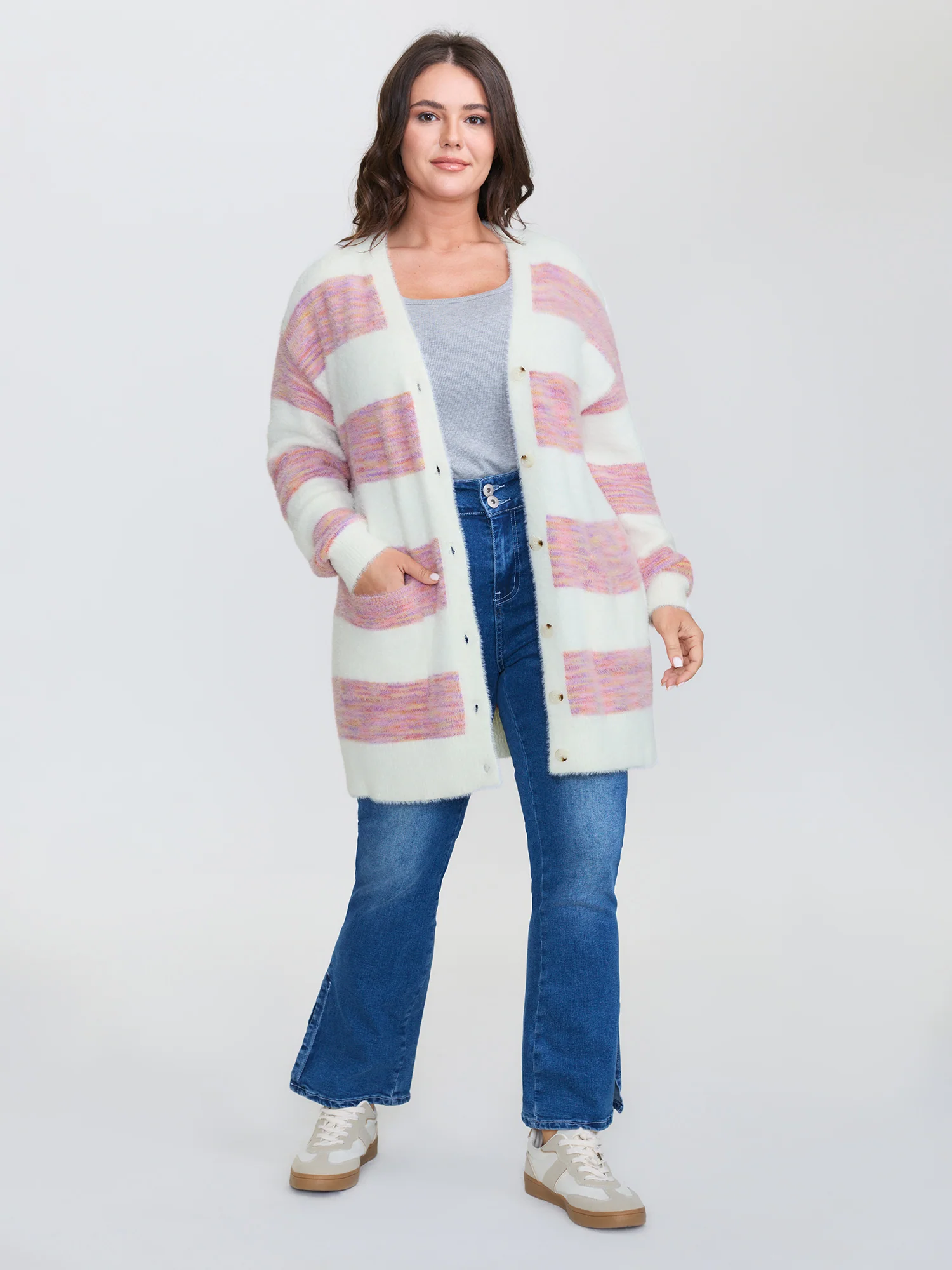Color Stripes Furry Textured Knit Cardigan - Image 3
