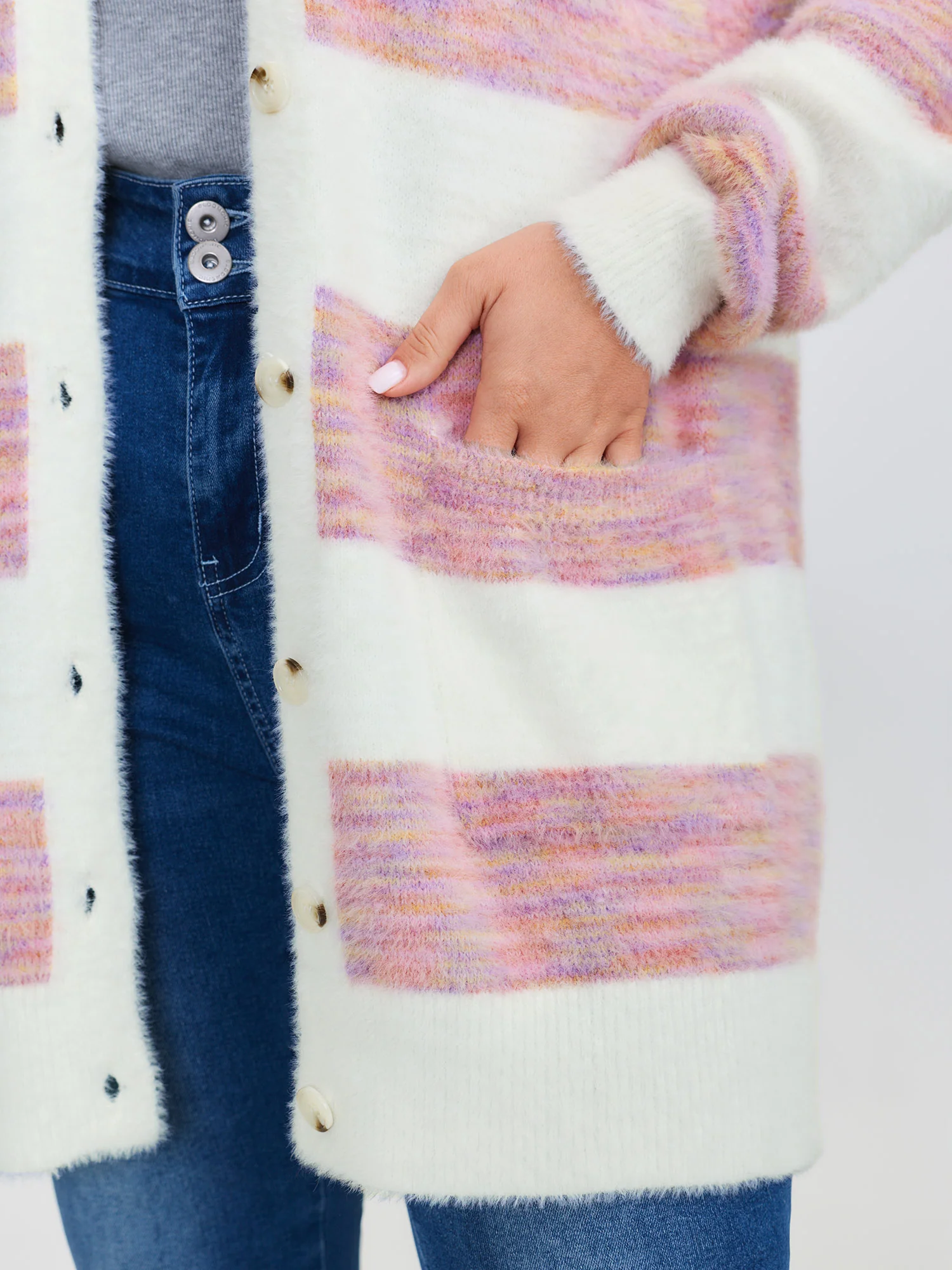 Color Stripes Furry Textured Knit Cardigan - Image 4