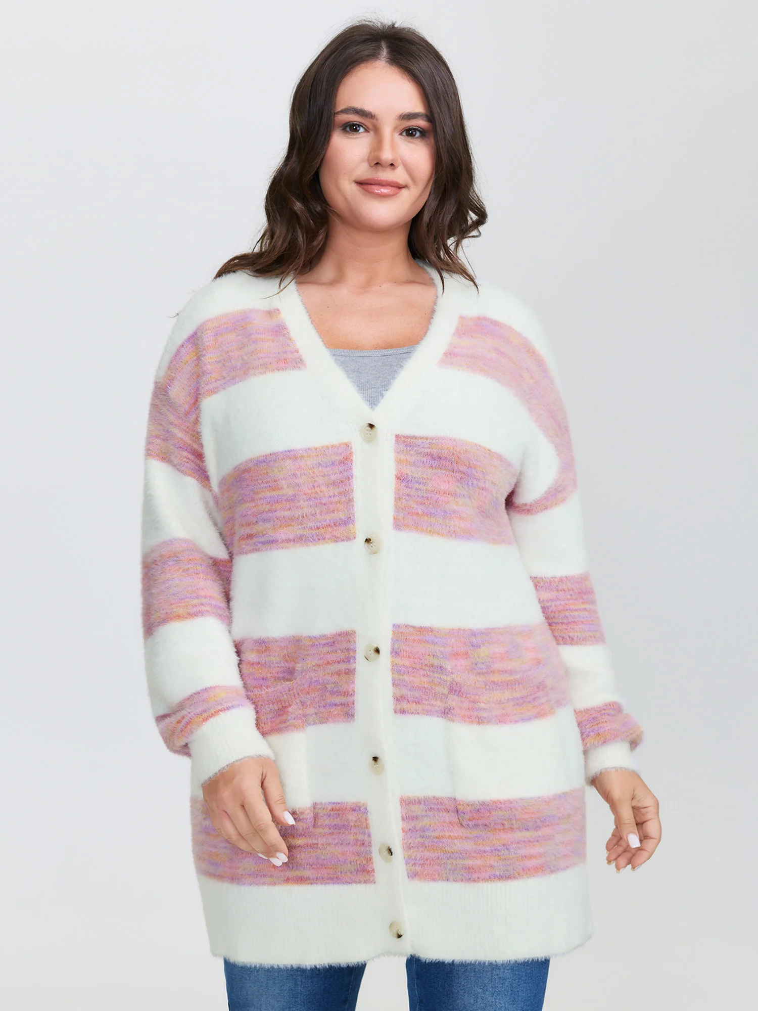 Color Stripes Furry Textured Knit Cardigan - Image 5