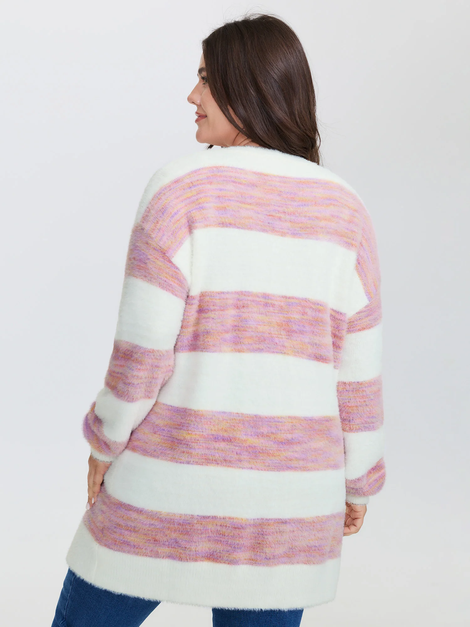 Color Stripes Furry Textured Knit Cardigan - Image 6