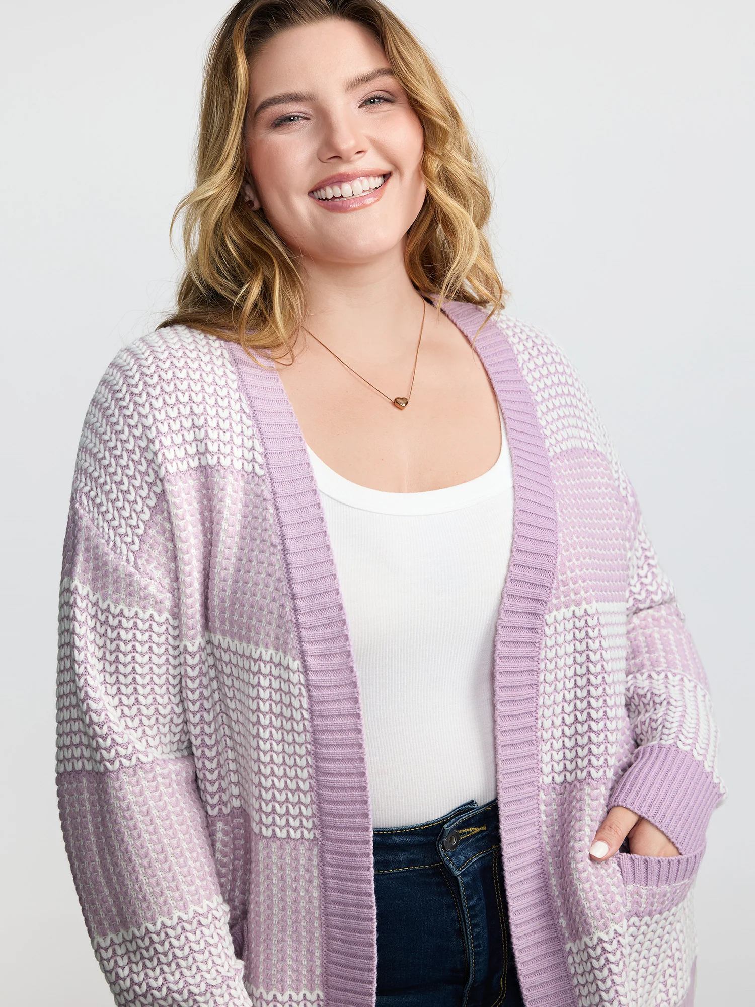 Color Stripes Pockets Textured Knit Cardigan - Image 2