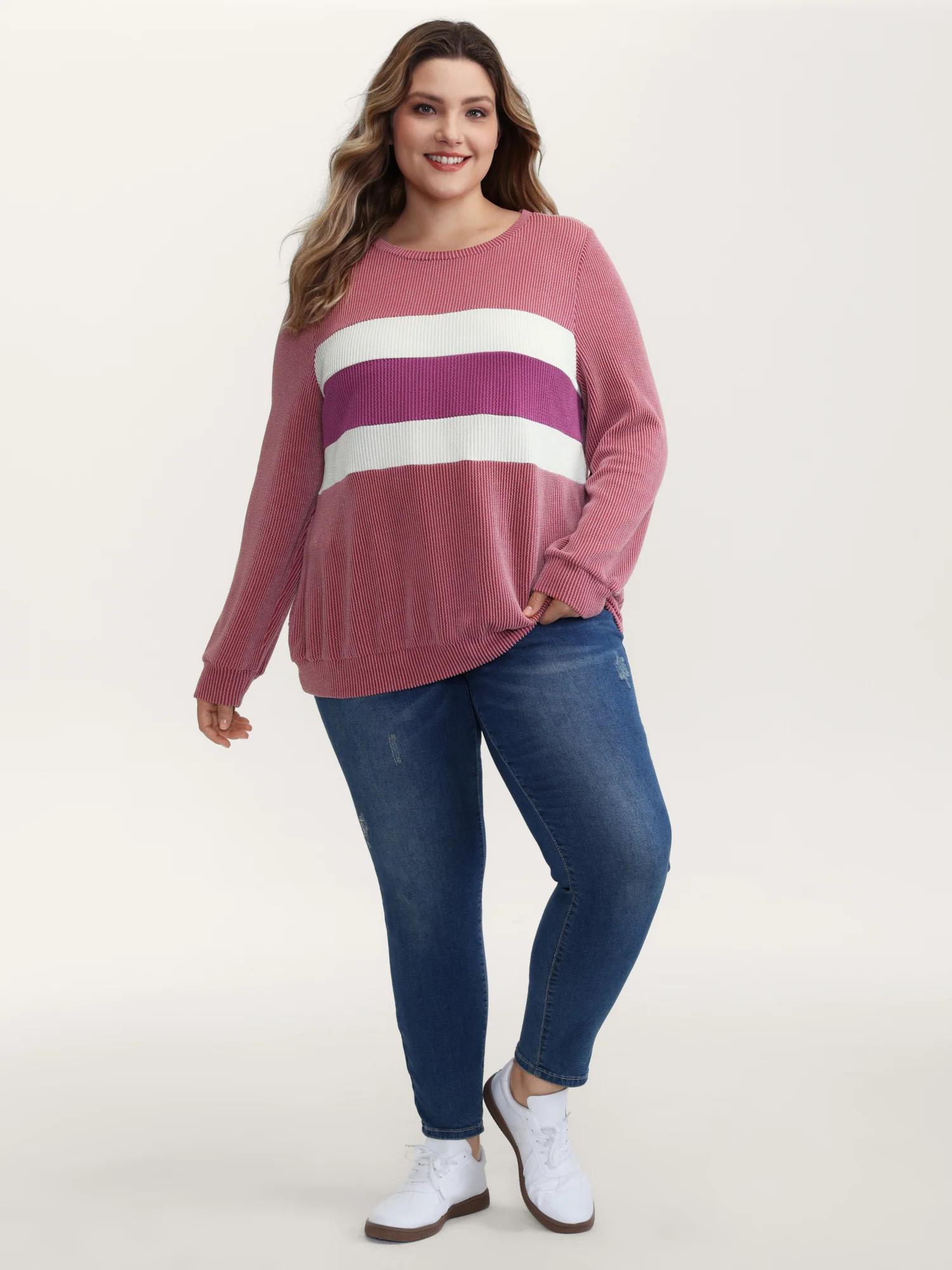 Color Stripes Spliced Knit Sweatshirt - Image 3