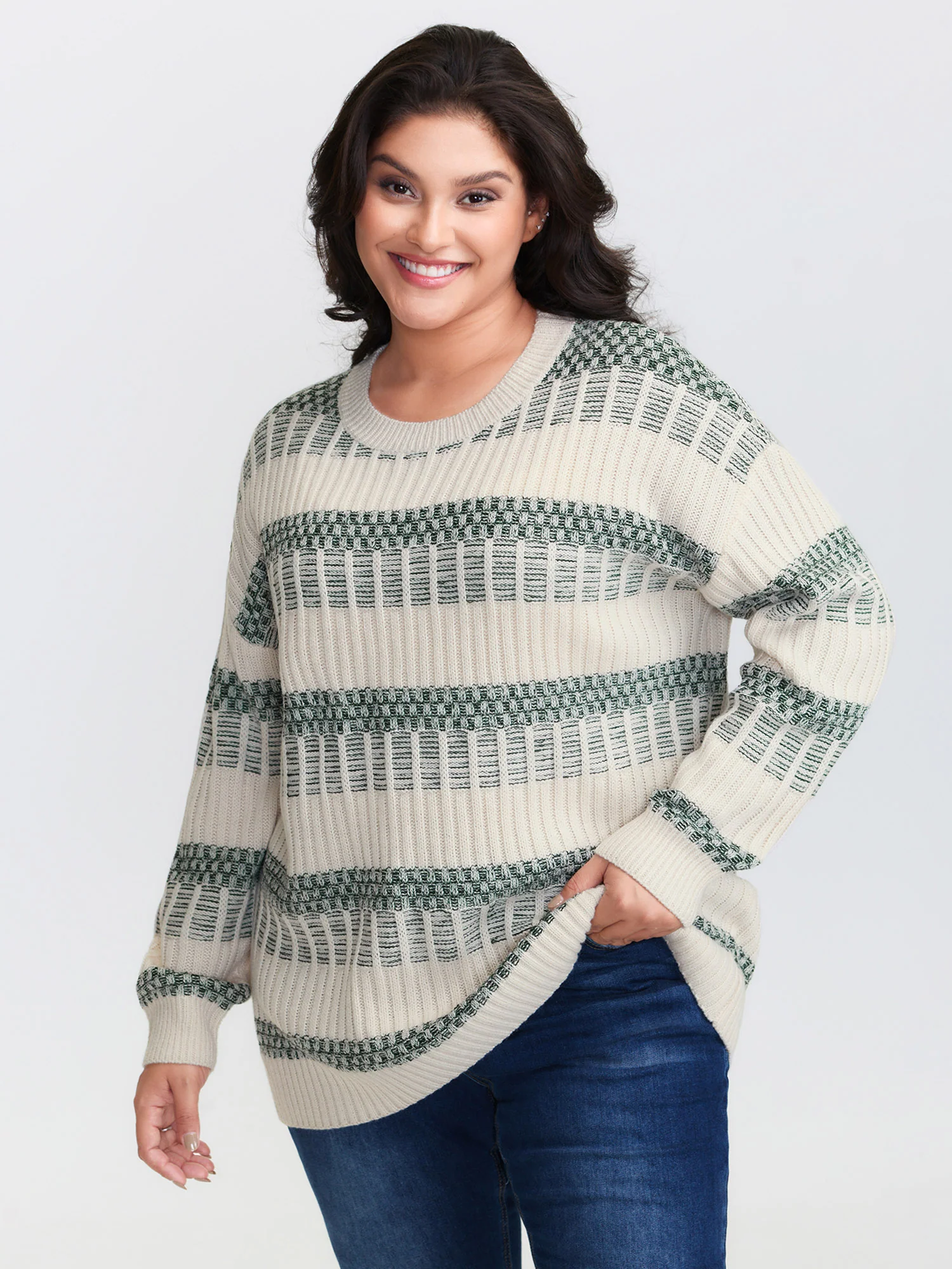 Color Stripes Textured Round Neck Pullover - Image 2