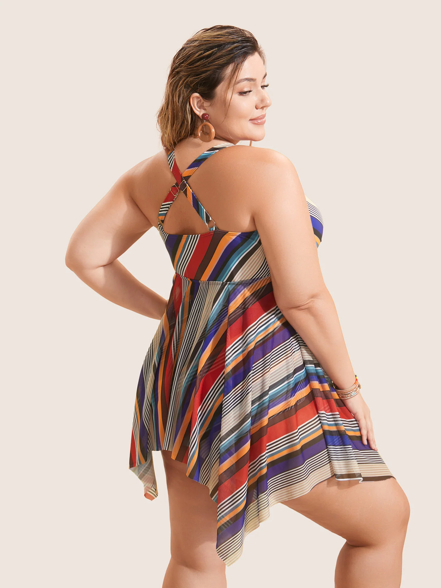 Color Stripes Twist Hanky Hem Swim Dress - Image 2
